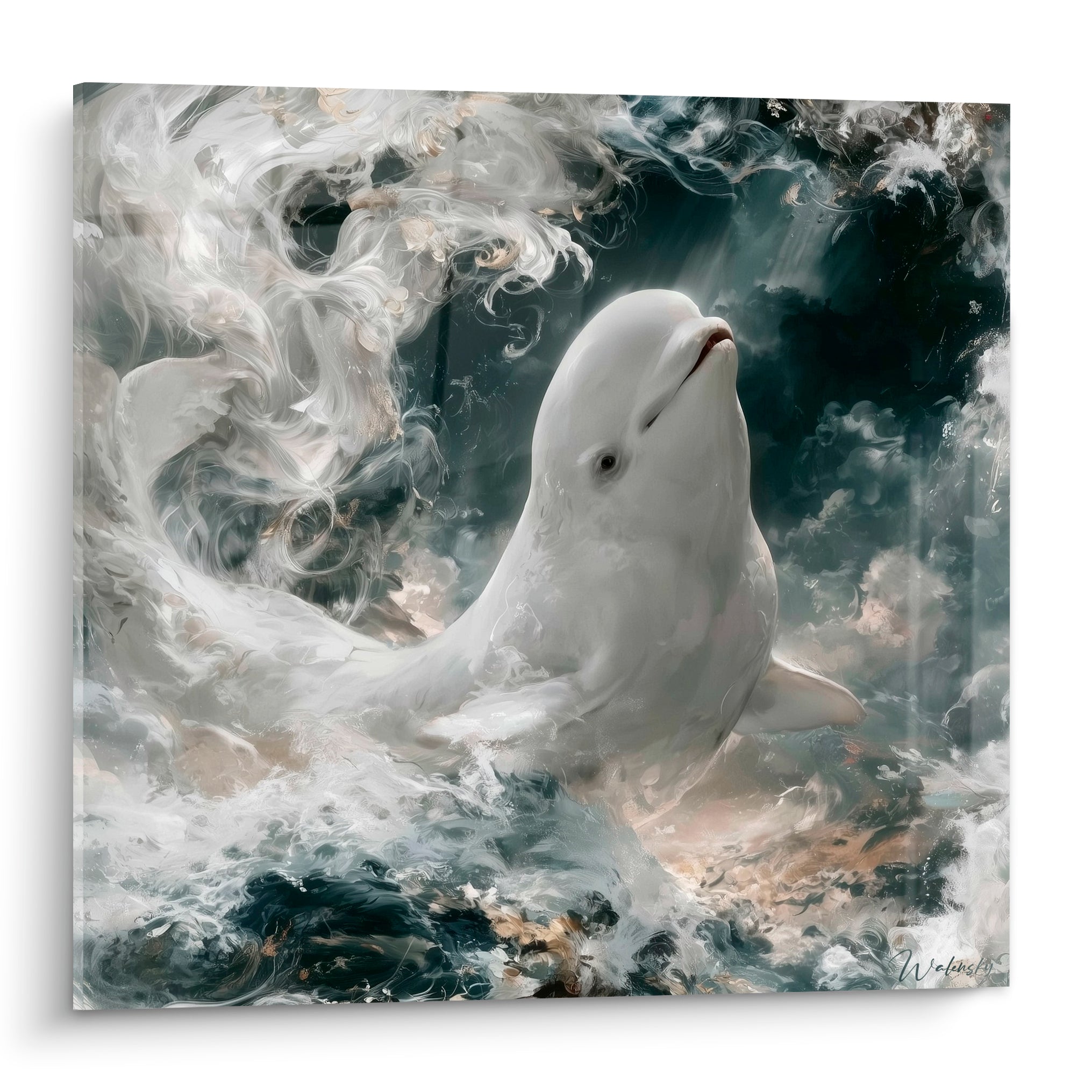 Beluga blanc émergeant d'un tourbillon d'écume bleu marine et anthracite, regard serein.