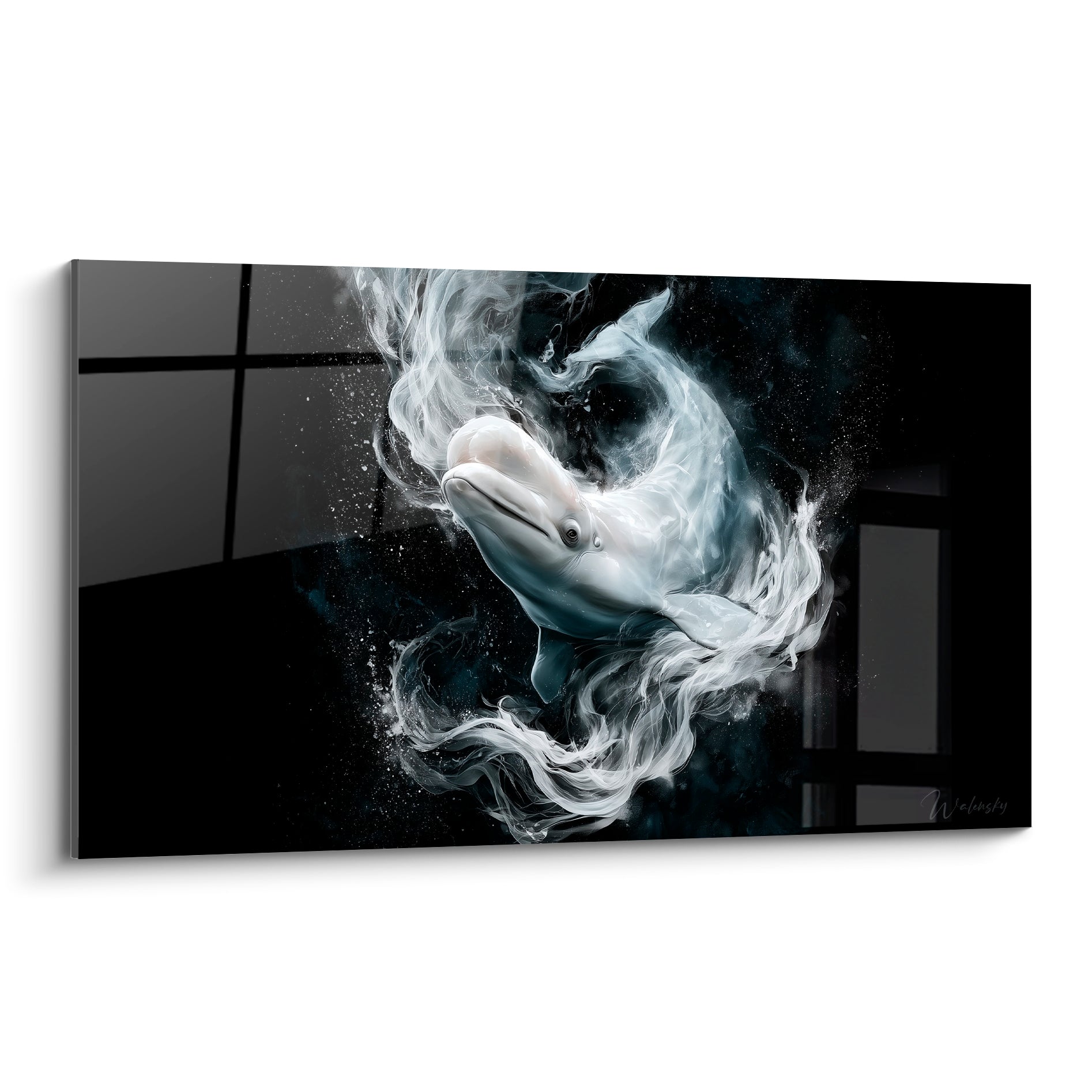 Beluga blanc émergeant de volutes de fumée anthracite, regard doux, composition centrée dramatique