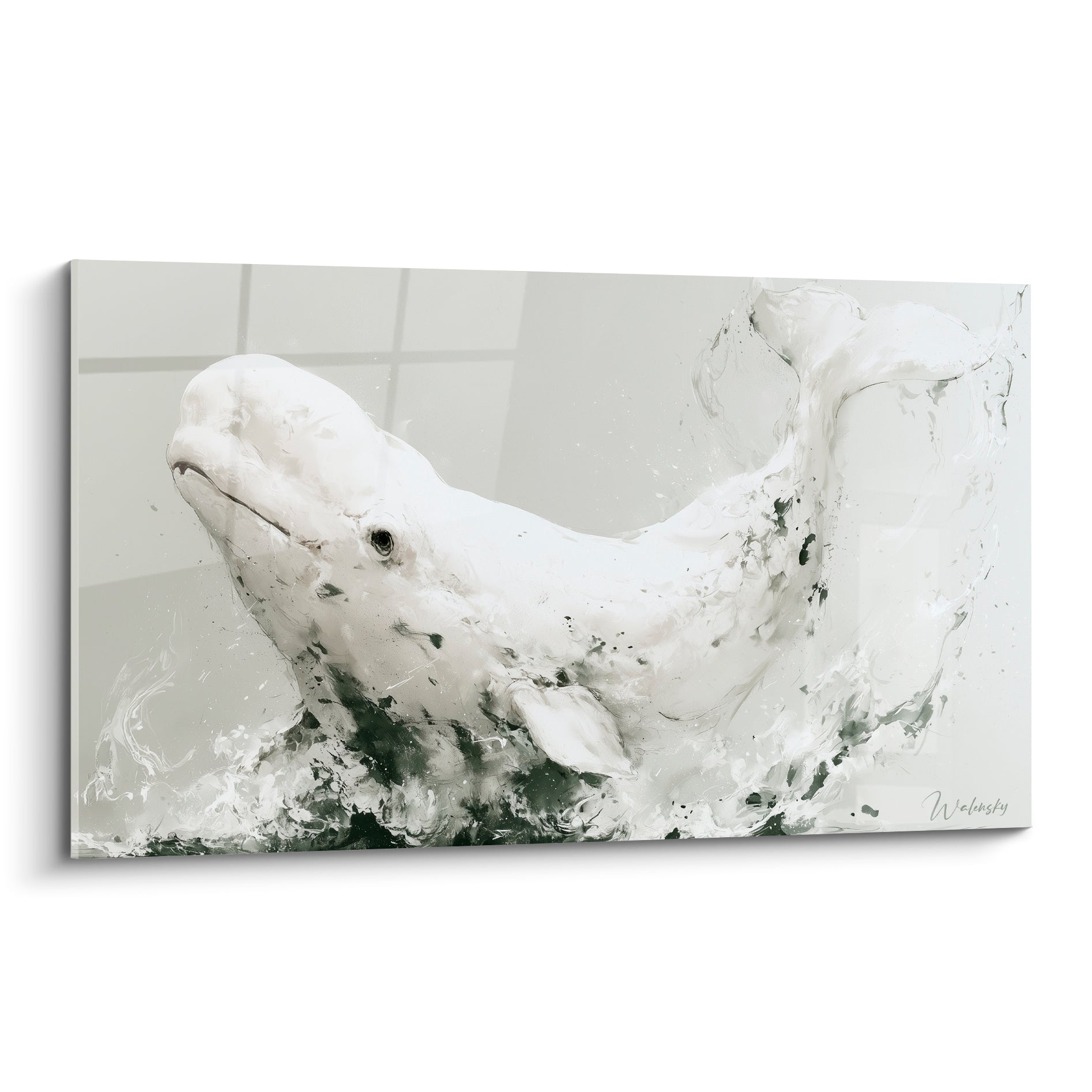 Beluga blanc jaillissant des eaux, éclaboussures vert sauge et anthracite en mouvement