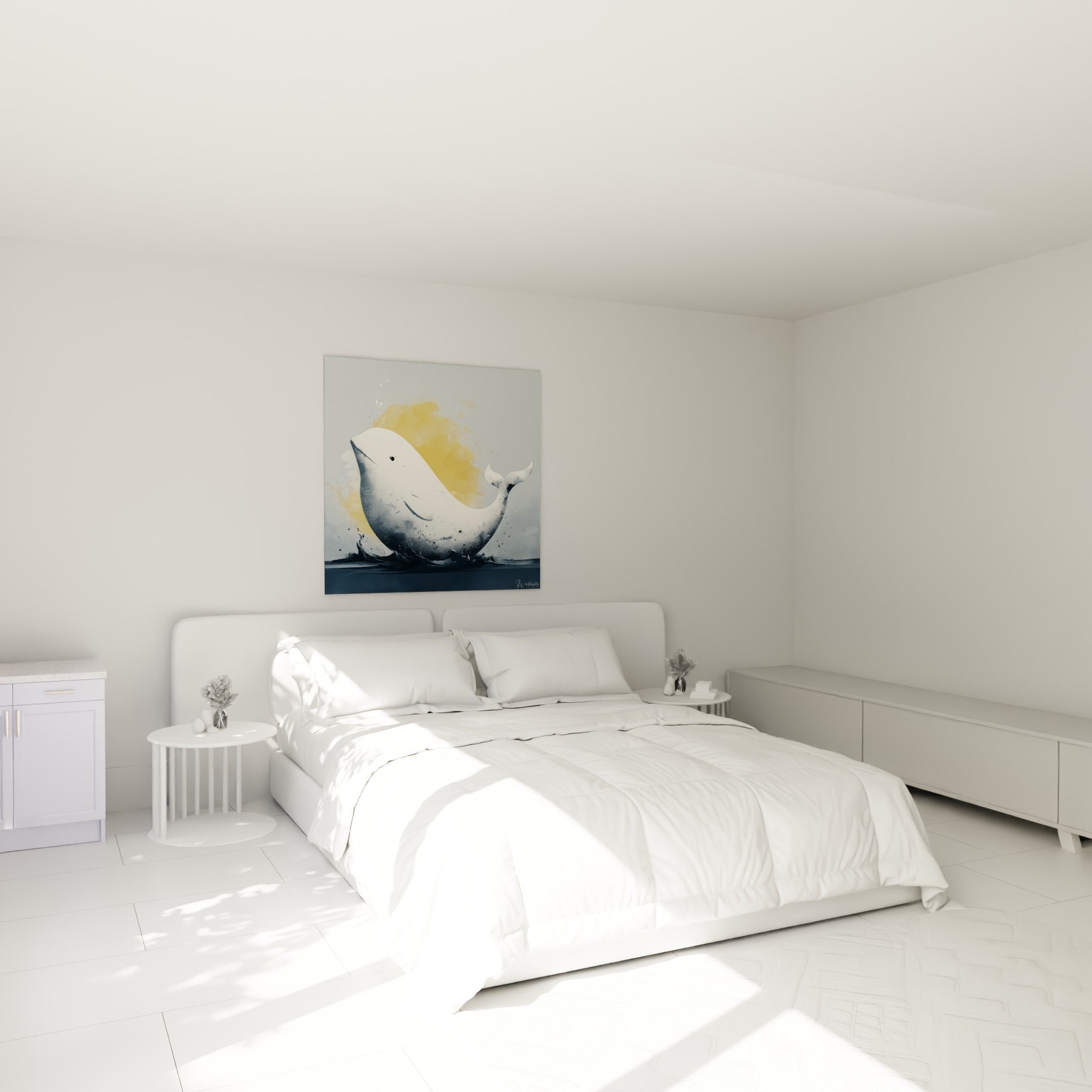 Silhouette blanche du beluga sur fond ocre et gris, accrochée au-dessus d'un lit dans une chambre claire