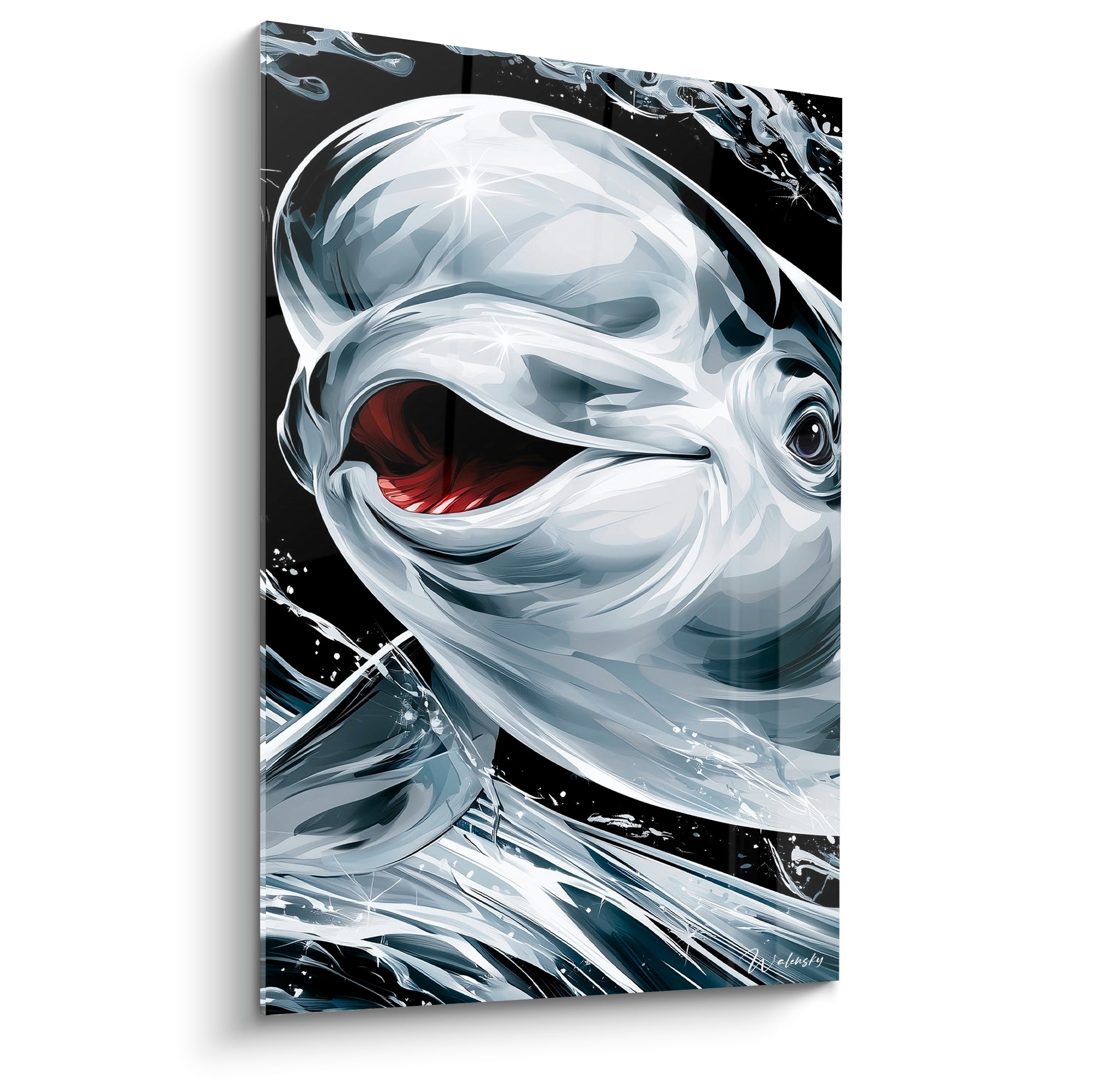 Beluga blanc nacré bouche rouge entrouverte jaillissant d'éclaboussures sur fond noir profond