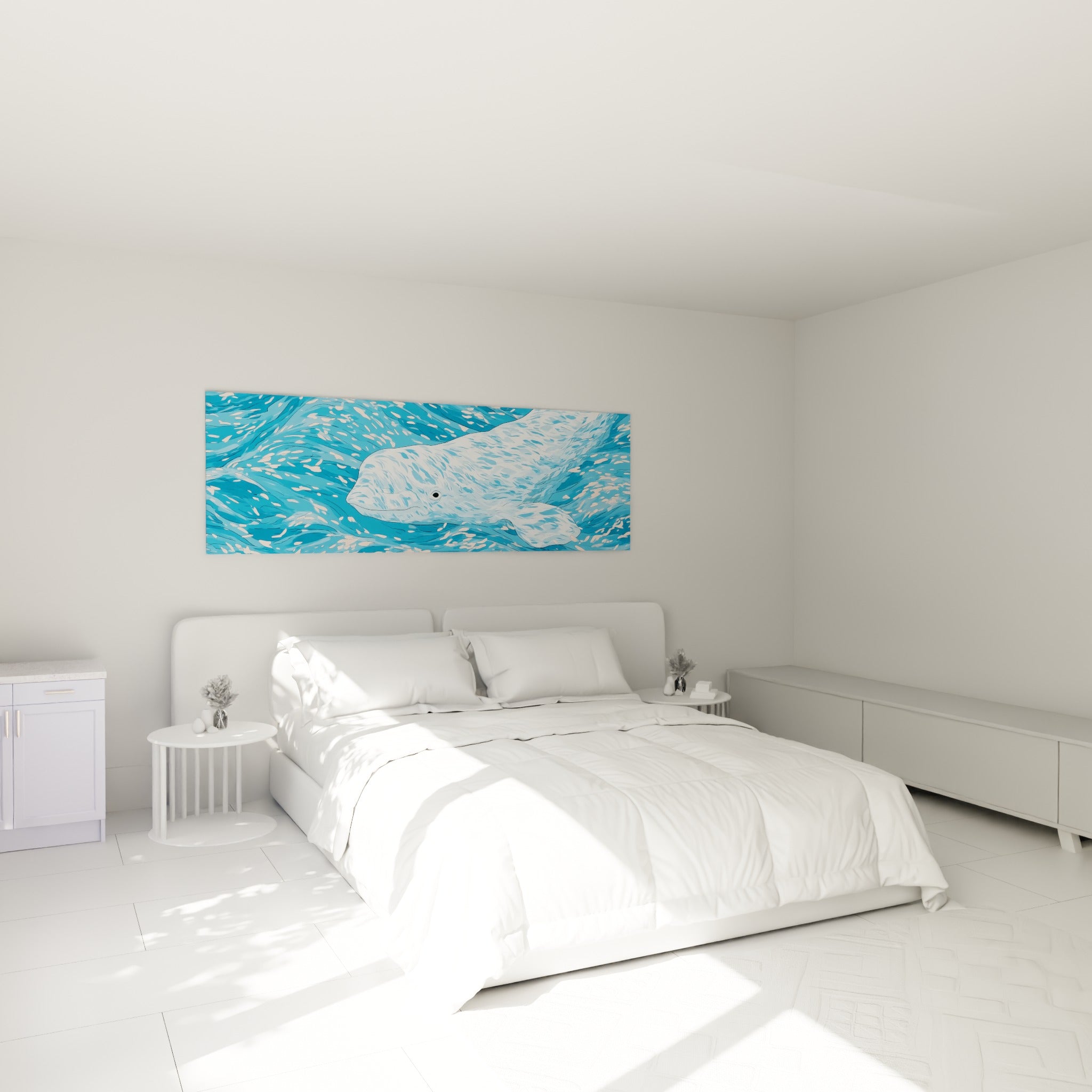 Silhouette blanche du beluga glissant dans un bleu turquoise profond, au-dessus d'un lit dans une chambre claire