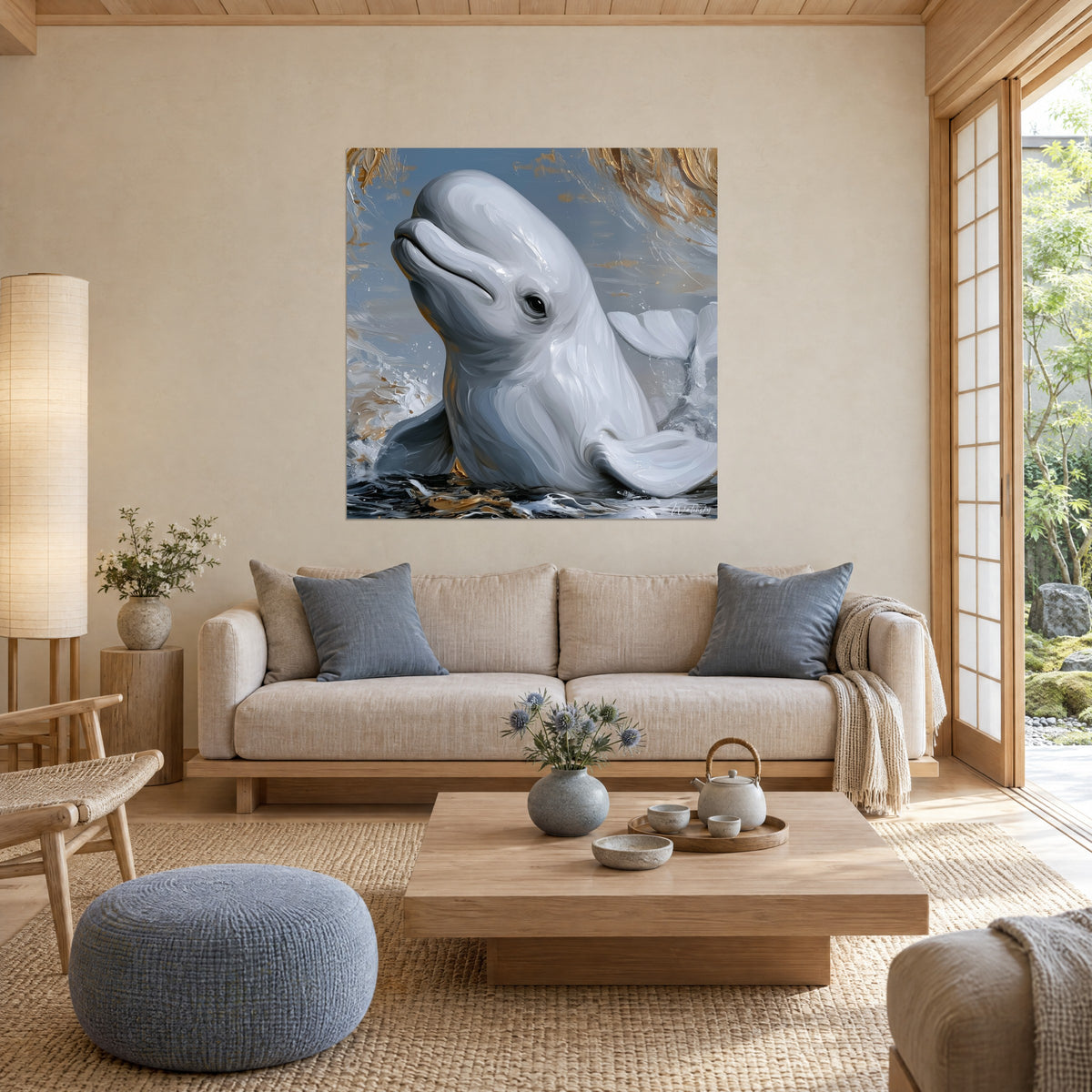 Tableau cétacé blanc nacré jaillissant d'une mer grise, éclaboussures dorées, au-dessus d'un canapé dans un salon lumineux