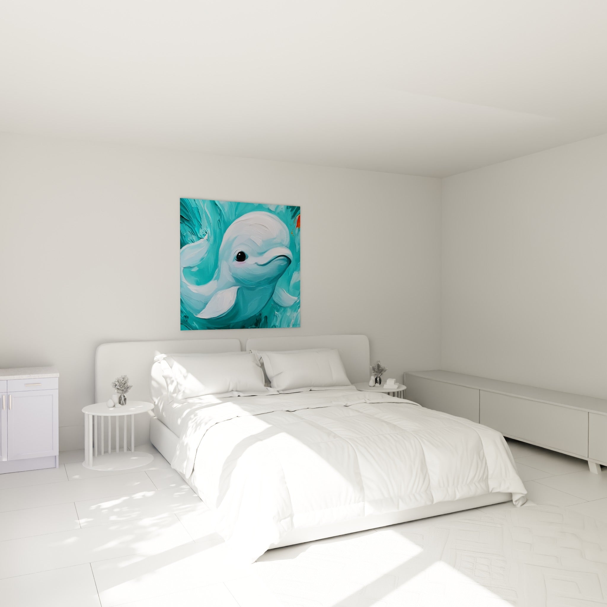 Jeune beluga turquoise et blanc au regard doux, accroché au-dessus d'un lit dans une chambre claire