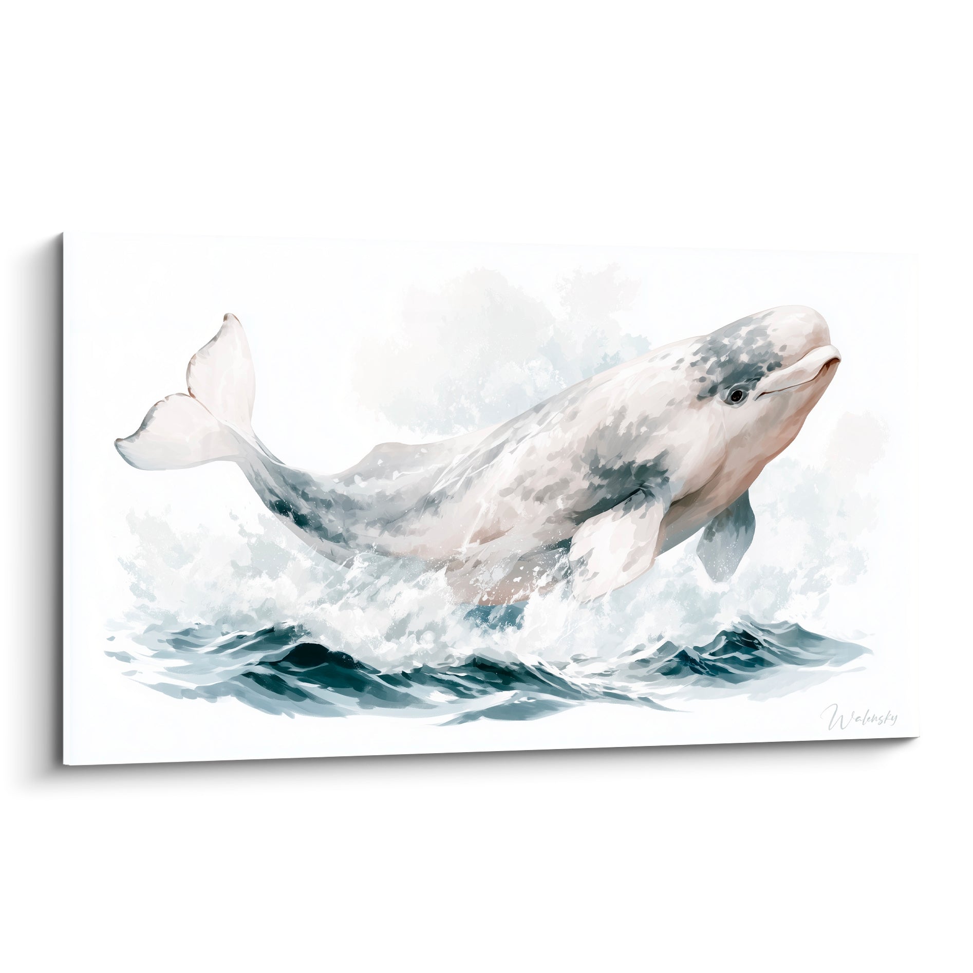 Beluga blanc et gris ardoise bondissant hors de vagues bleu marine en aquarelle