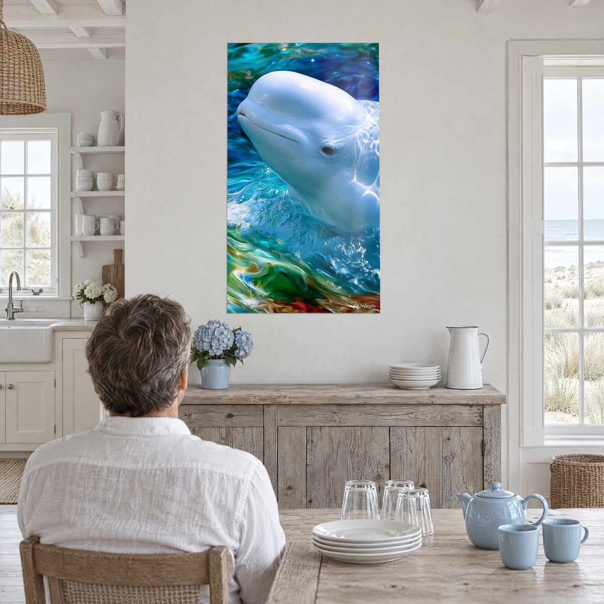 Tableau béluga à la peau laiteuse, écume bleu glacier et verte, face à une table en bois patiné près d'une grande fenêtre