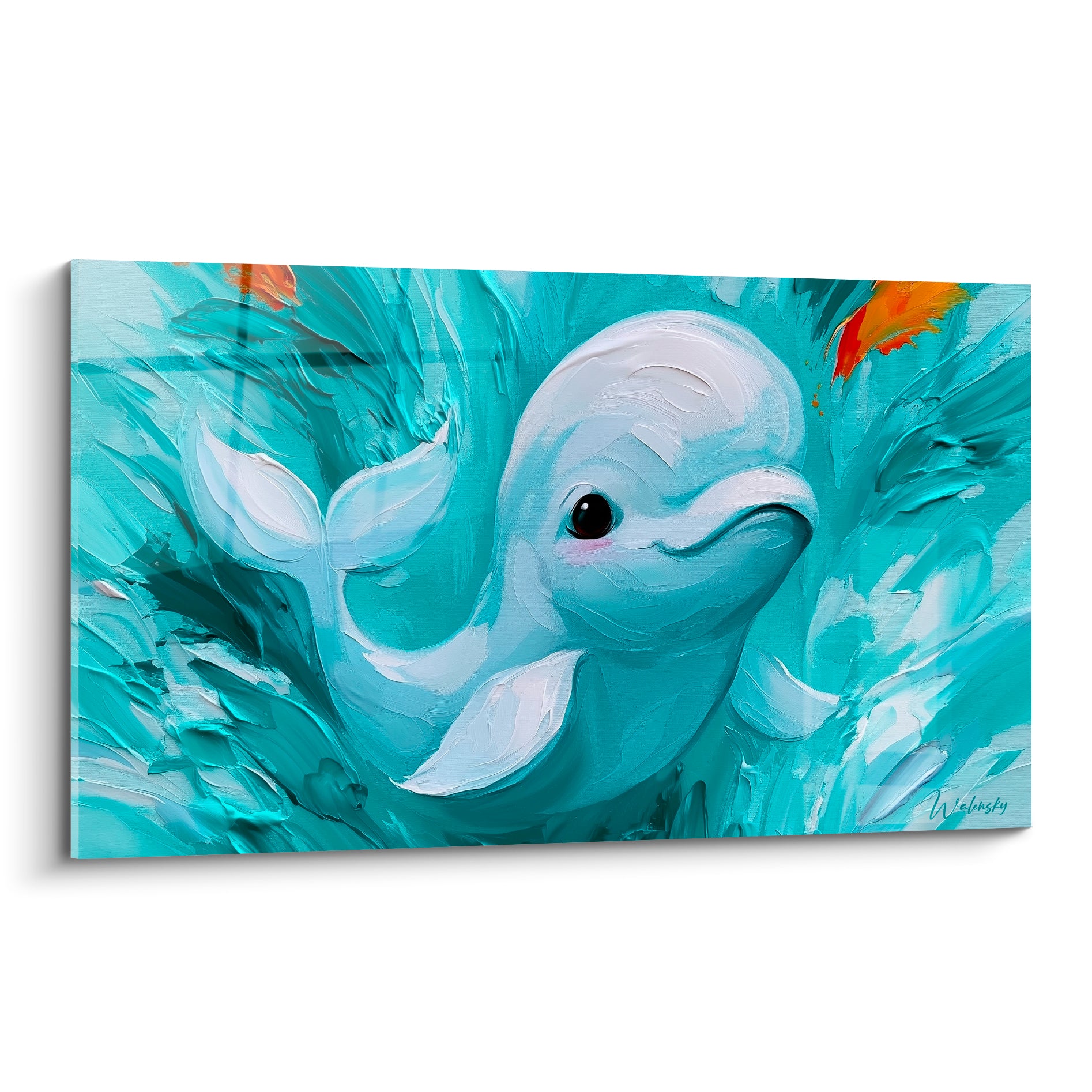 Béluga blanc au sourire doux émergeant d'un tourbillon turquoise et orange peint à l'huile