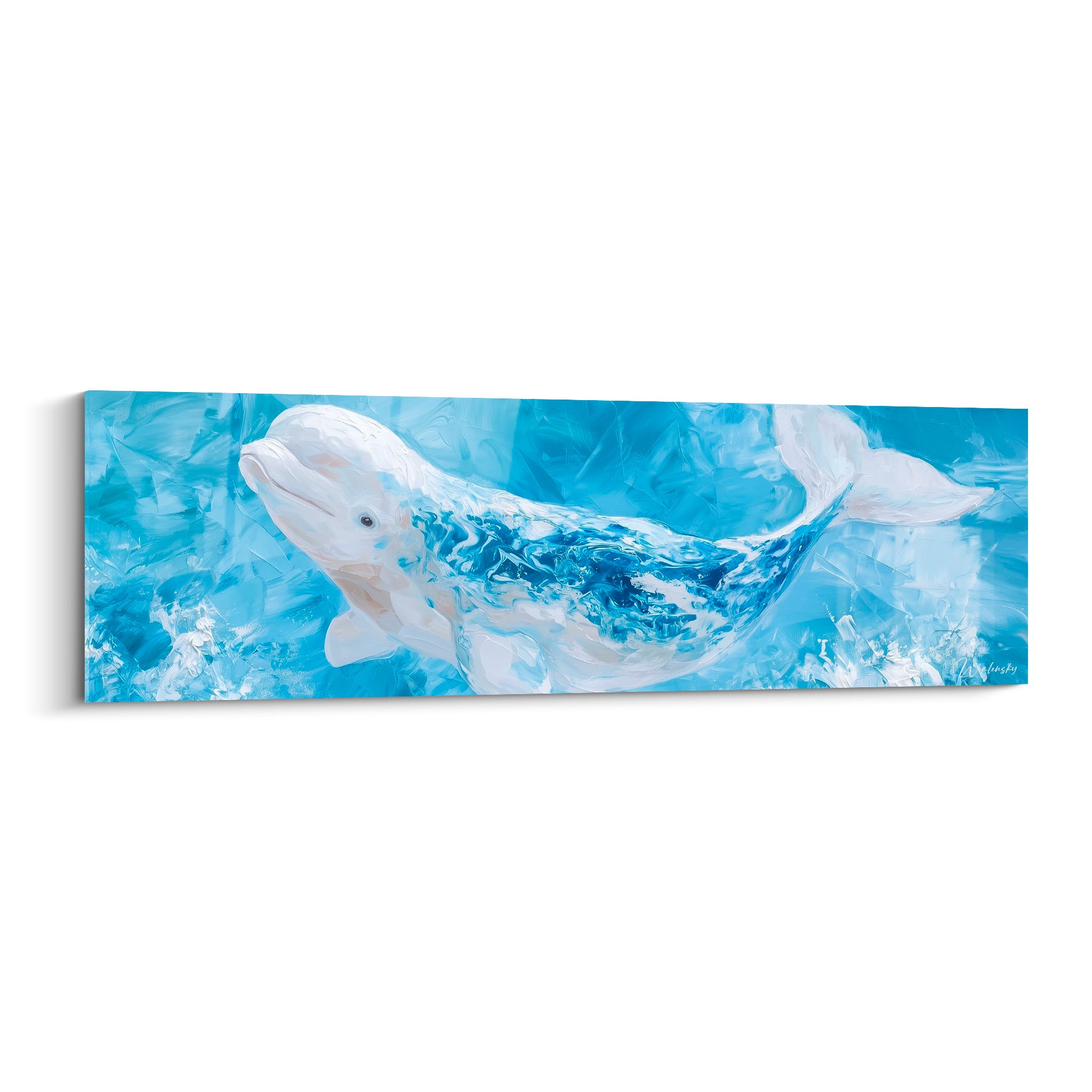 Beluga blanc glissant dans des remous bleu turquoise et bleu marine, corps allongé et tête émergée