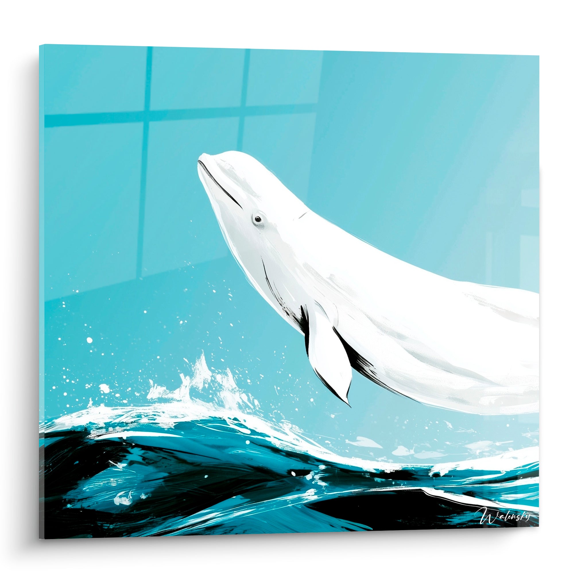 Beluga blanc jaillissant d'une vague anthracite sous un ciel bleu turquoise, traits noirs graphiques