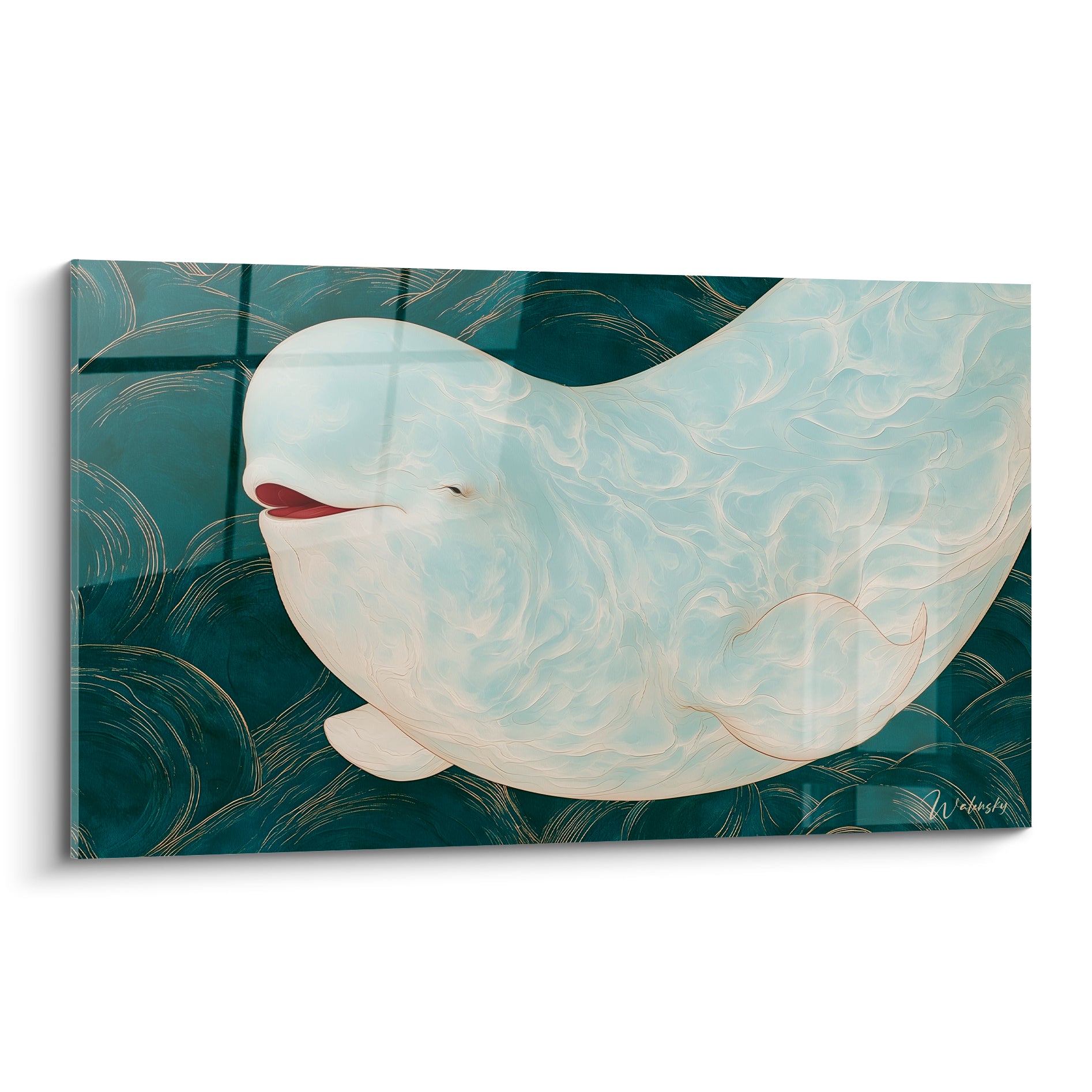 Beluga blanc crème souriant nage dans des vagues vert canard soulignées de filaments dorés