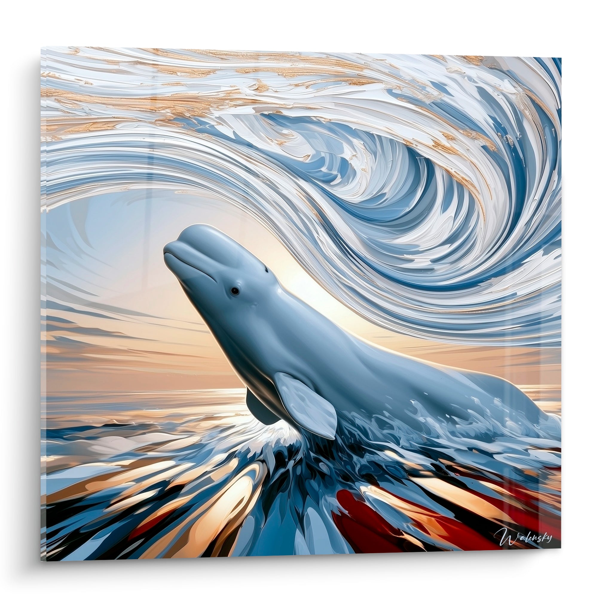 Beluga bleu ardoise jaillissant d'un tourbillon marin doré et blanc au coucher du soleil