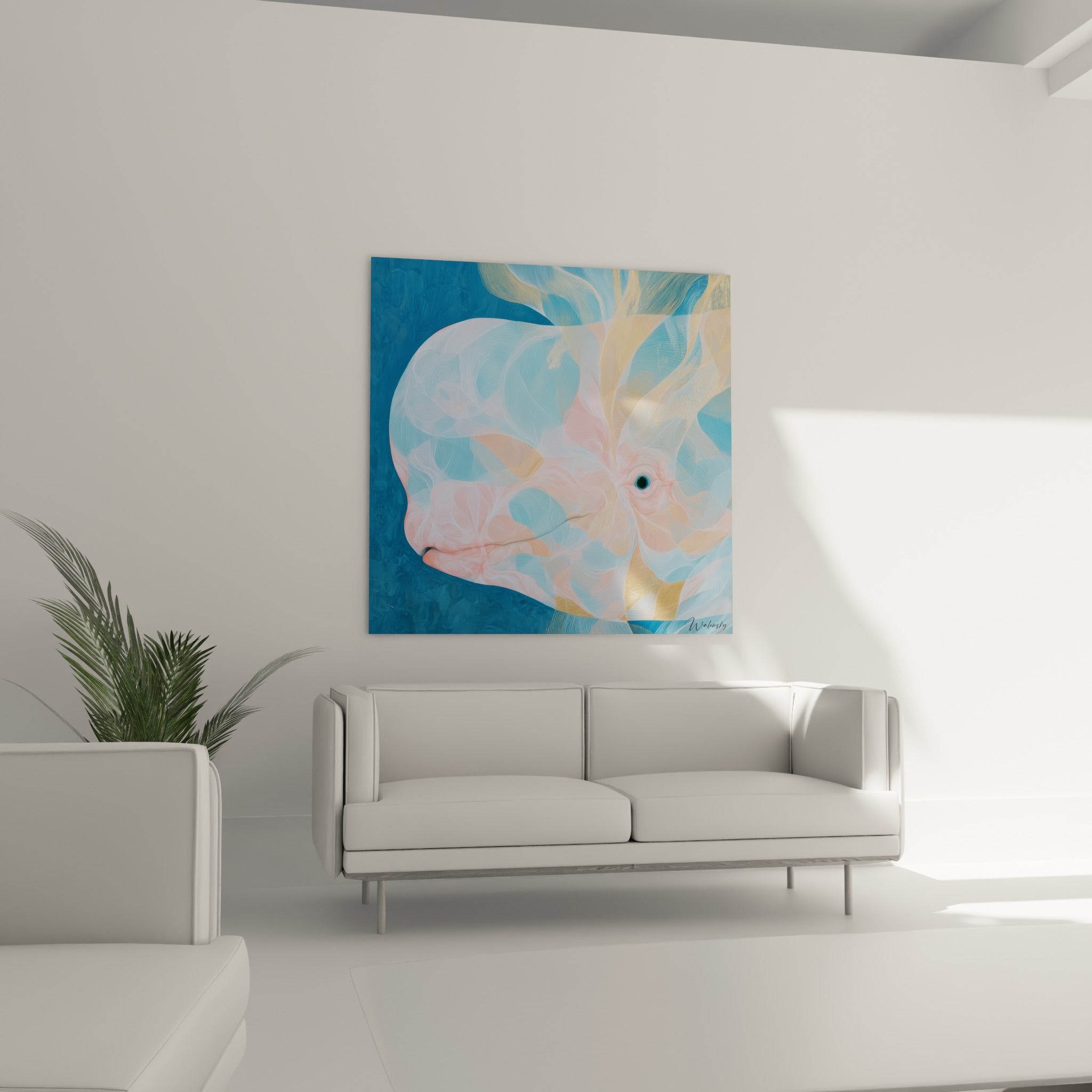 Silhouette de beluga ocre et bleu ciel sur fond marine, positionnée au-dessus d'un canapé dans un salon lumineux