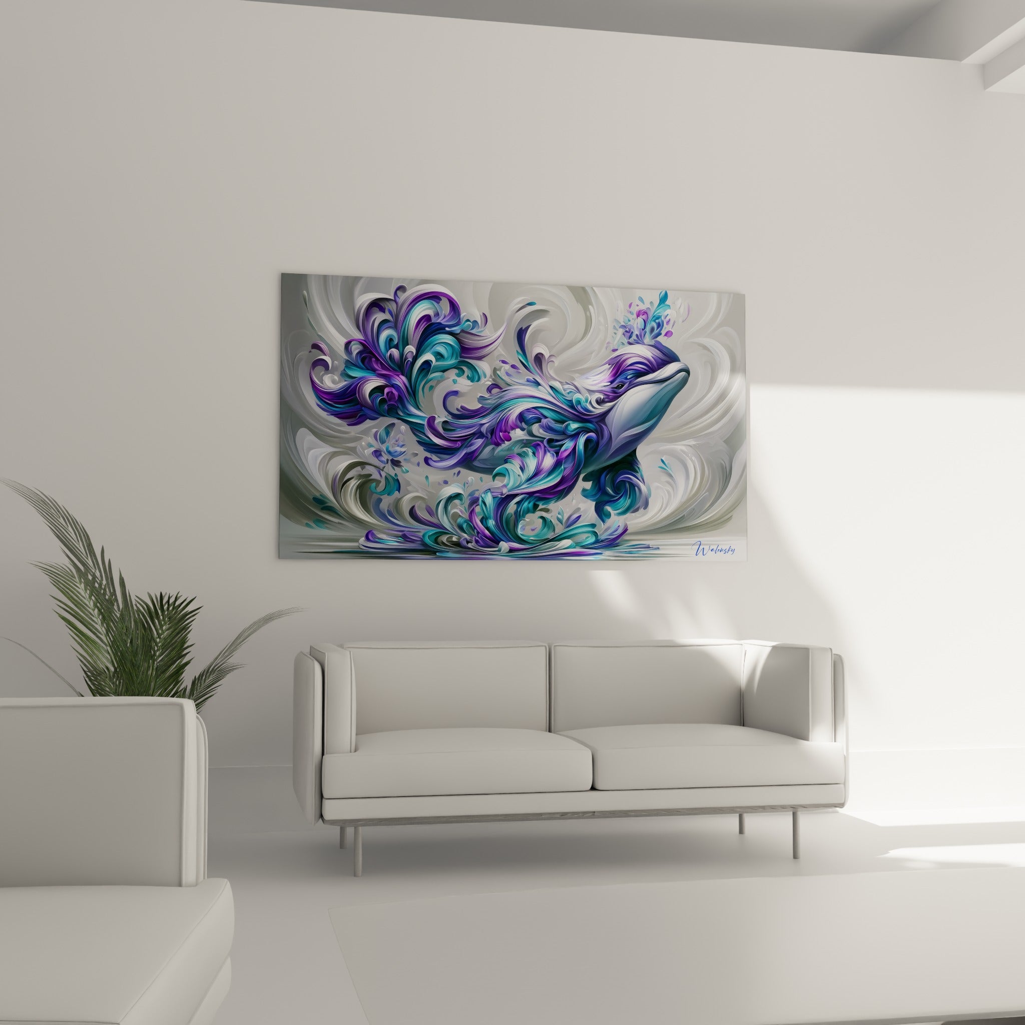 Silhouette de Beluga sculptée en vagues violettes et bleu cristallin, au-dessus d'un canapé dans un salon lumineux