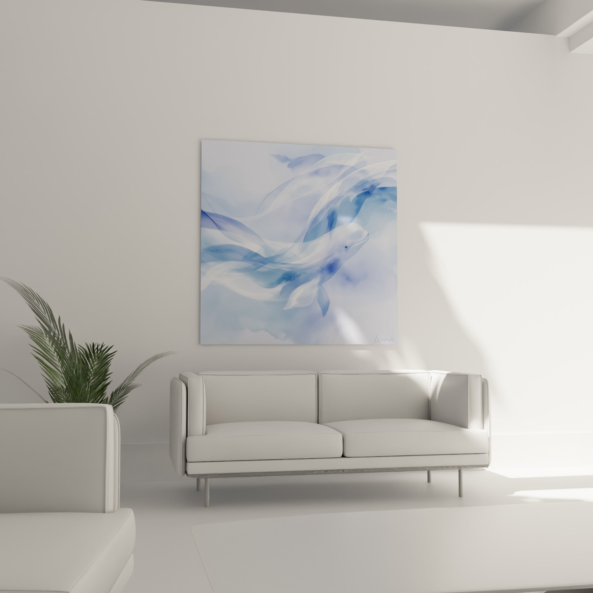 Nage éthérée d'un beluga bleu pastel et blanc nacré au-dessus d'un canapé dans un salon lumineux