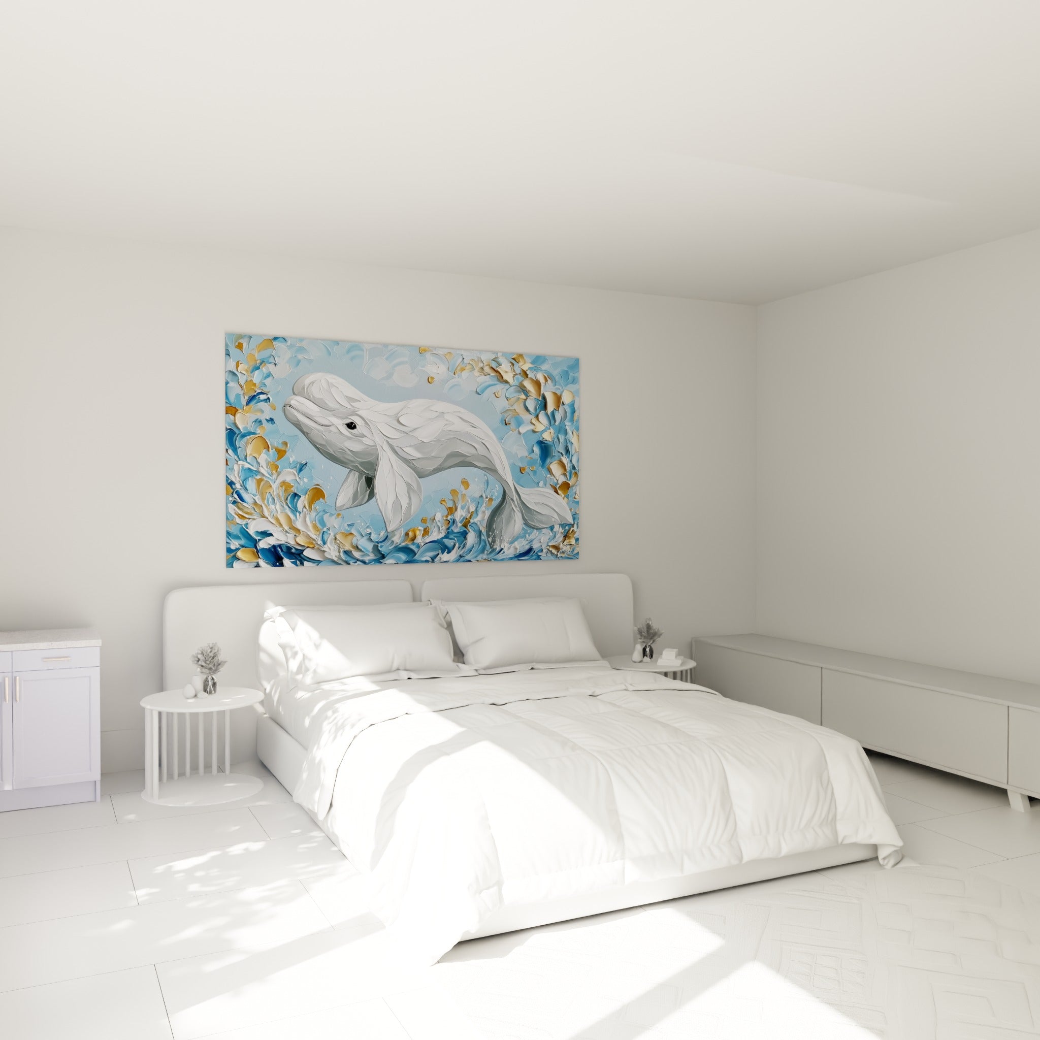 Cétacé blanc entouré d'éclaboussures dorées et bleues, accroché au-dessus d'un lit dans une chambre claire