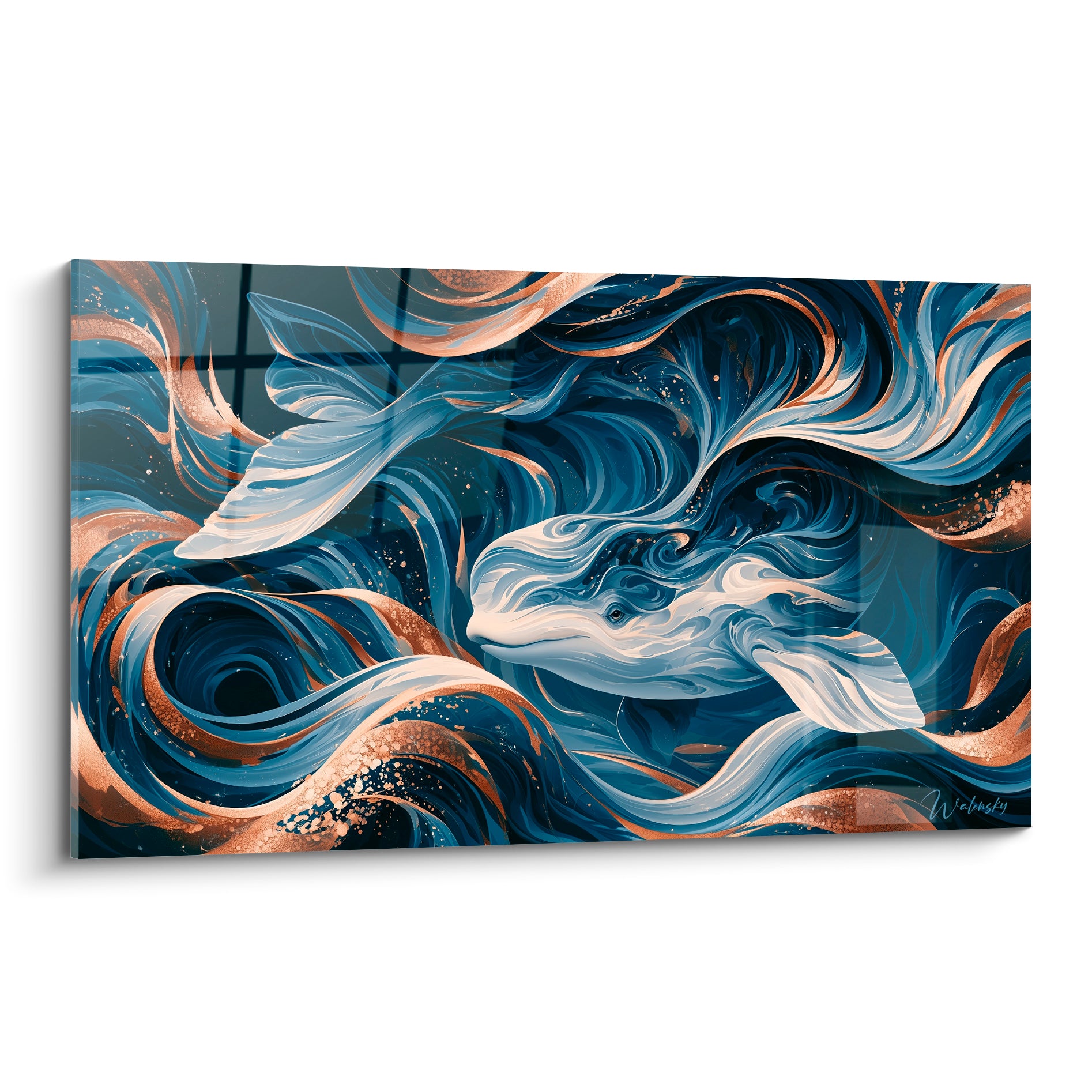 Beluga blanc crème émergeant de volutes bleu marine et cuivrées sur toile abstraite