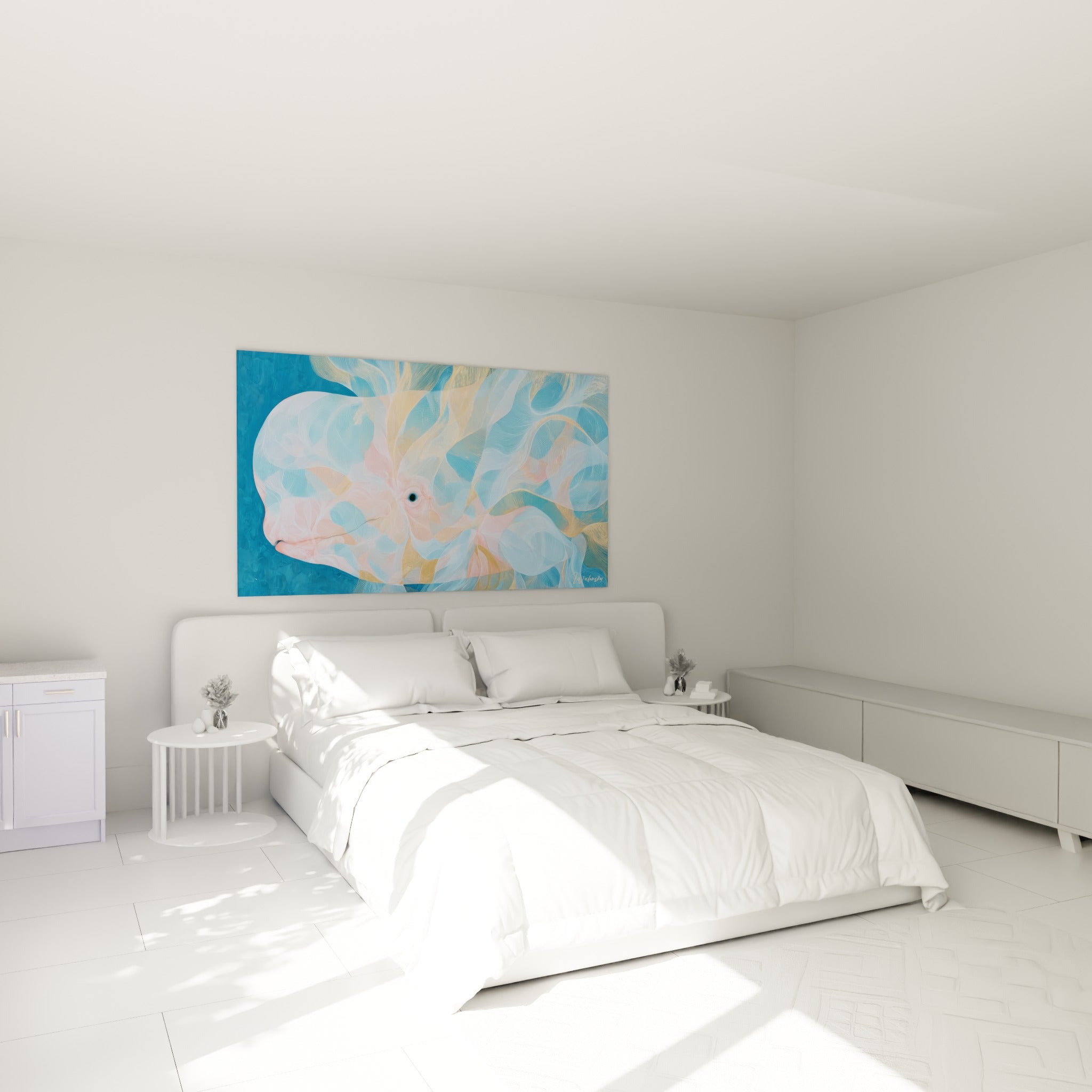 Béluga rose et doré aux courbes graphiques, accroché au-dessus d'un lit dans une chambre claire