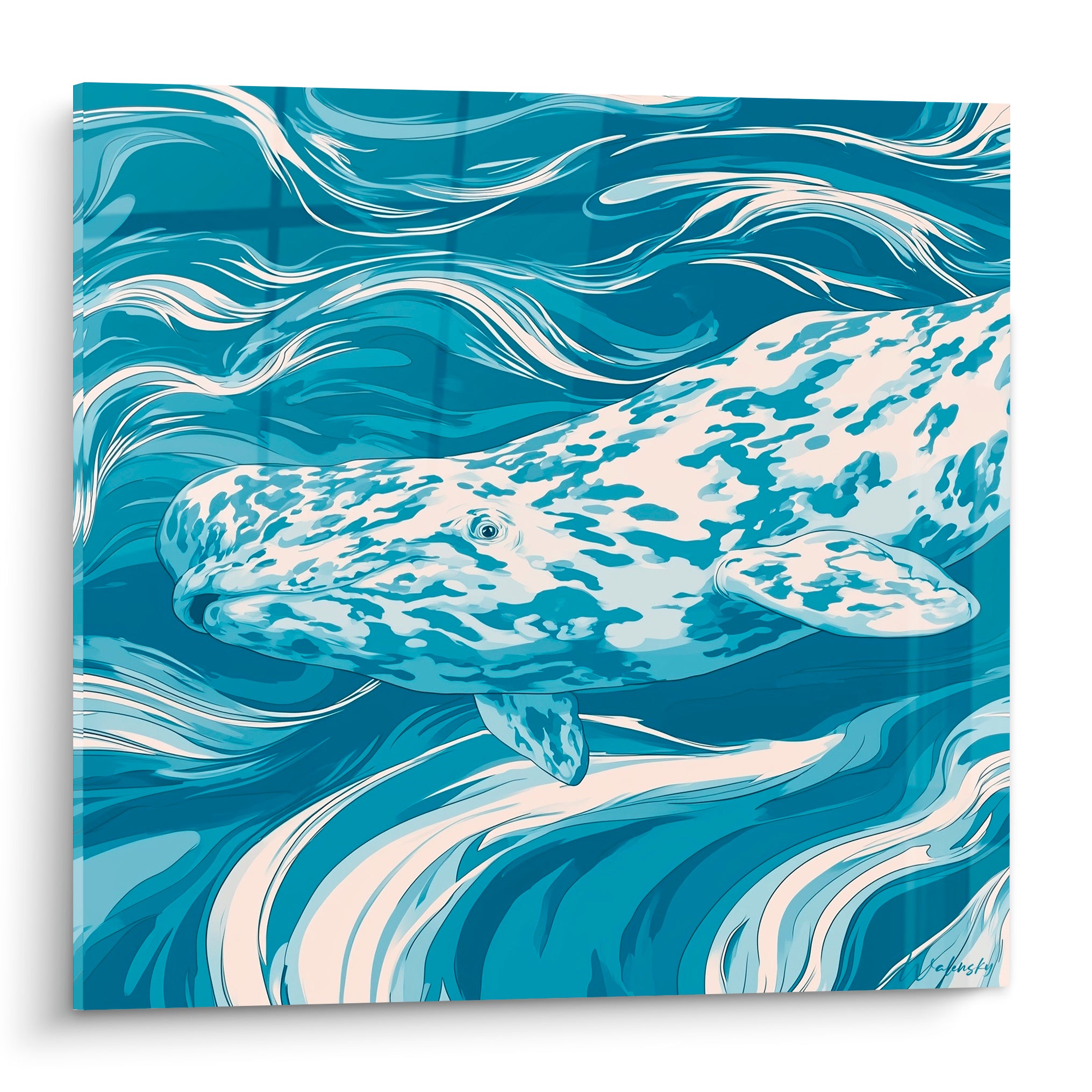 Beluga bleu marine et ivoire nageant dans des courants tourbillonnants d'un style graphique marqué
