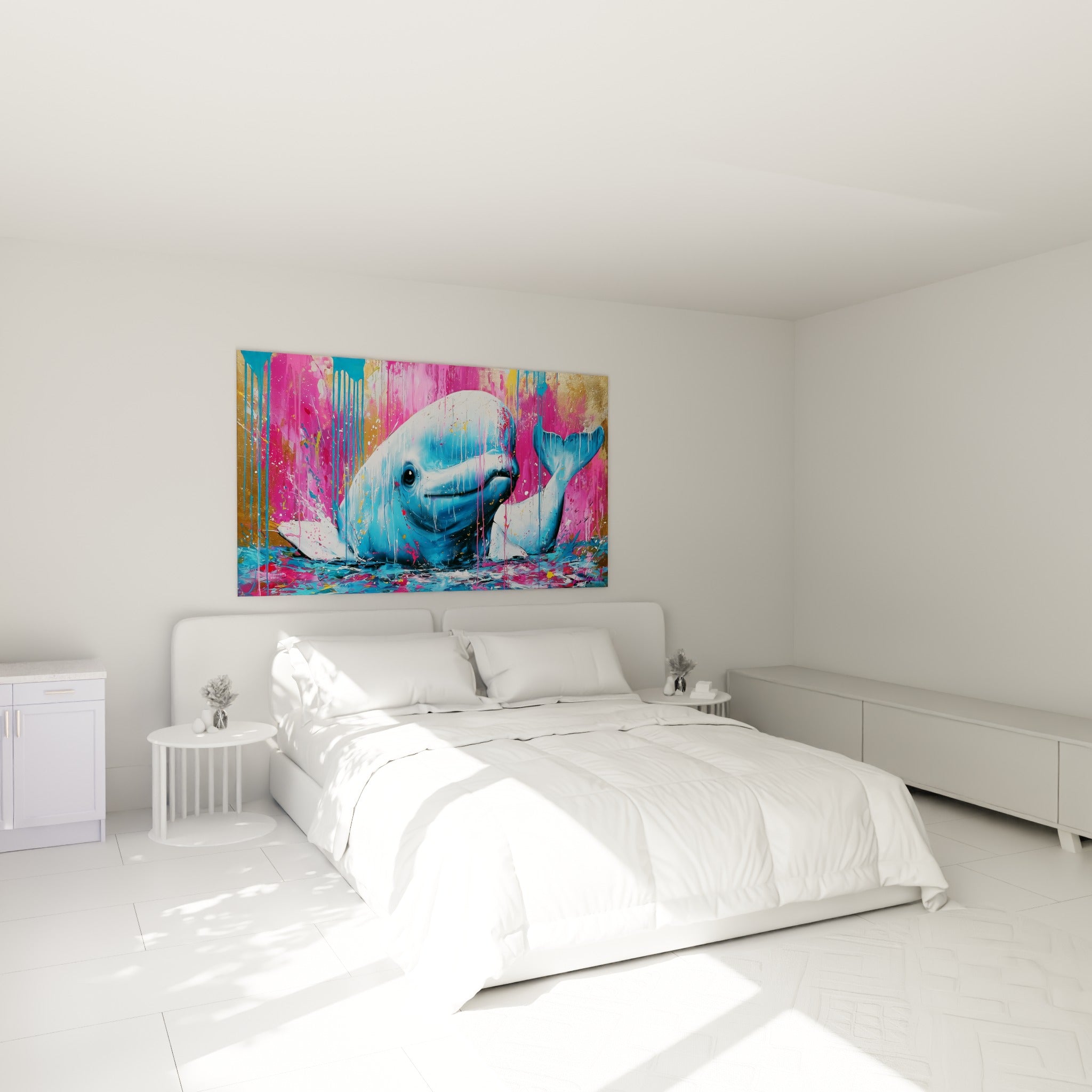 Beluga aux teintes bleu pastel et rose fuchsia, accroché au-dessus d'un lit dans une chambre claire
