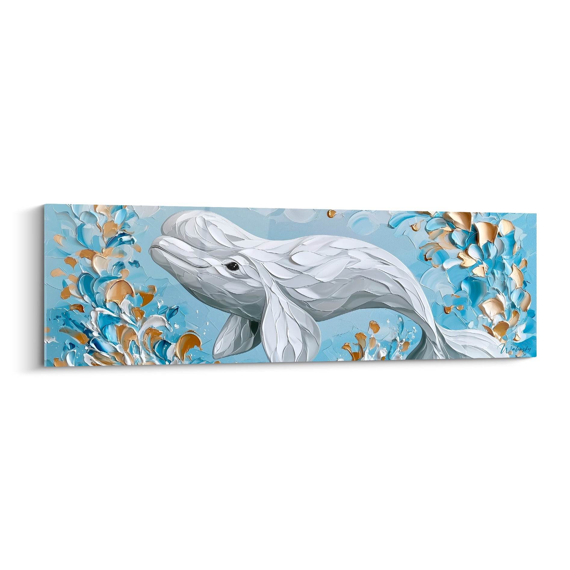 Beluga blanc et gris texturé nageant dans un tourbillon bleu pastel et doré