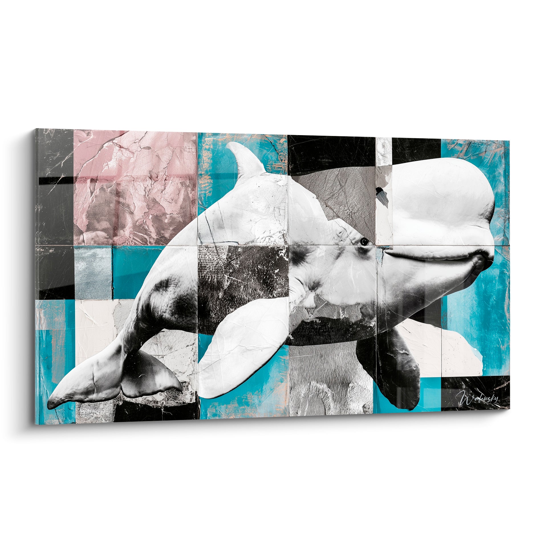 Béluga blanc et gris sur damier bleu turquoise et rose poudré, composition graphique en gros plan