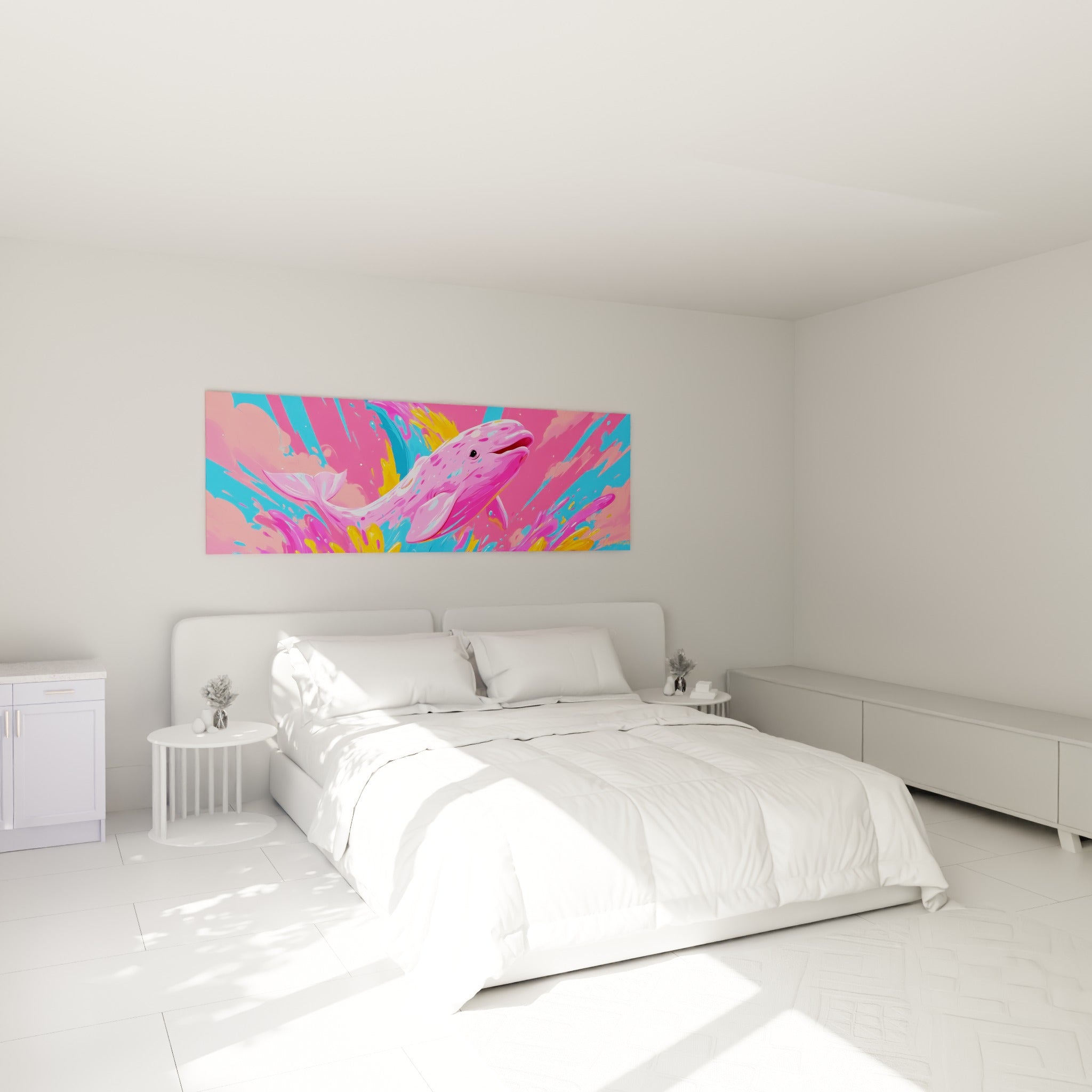 Créature marine rose et bleue en plein saut, accrochée au-dessus d'un lit dans une chambre claire