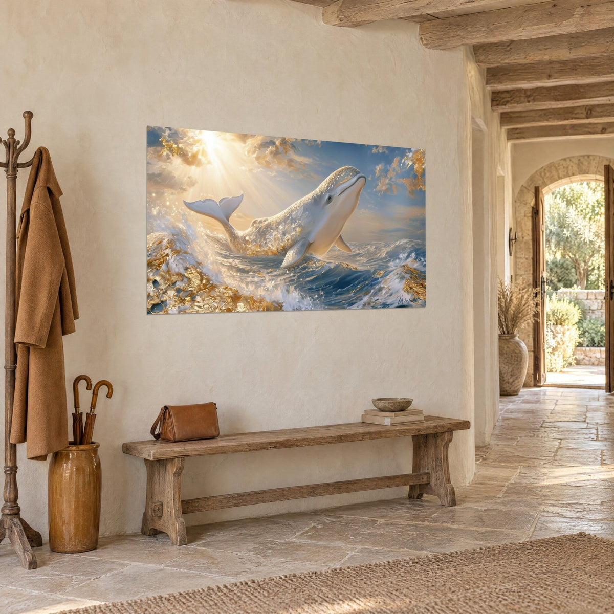 Quadro balena bianca con riflessi dorati, cielo azzurro attraversato da raggi di sole, nell'ingresso di una casa in pietra