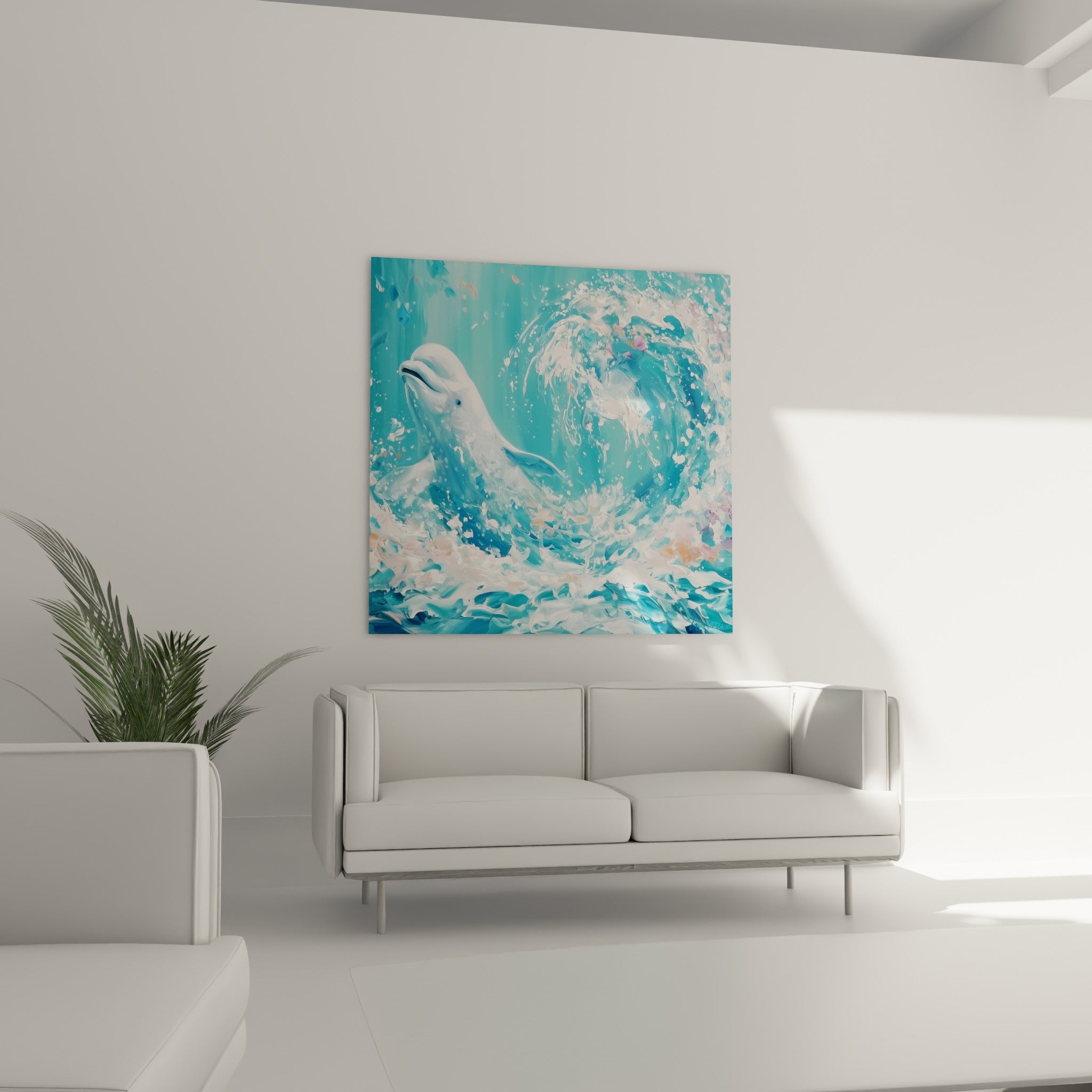 Beluga bondissant dans un tourbillon bleu et blanc, suspendu au-dessus d'un canapé dans un salon lumineux
