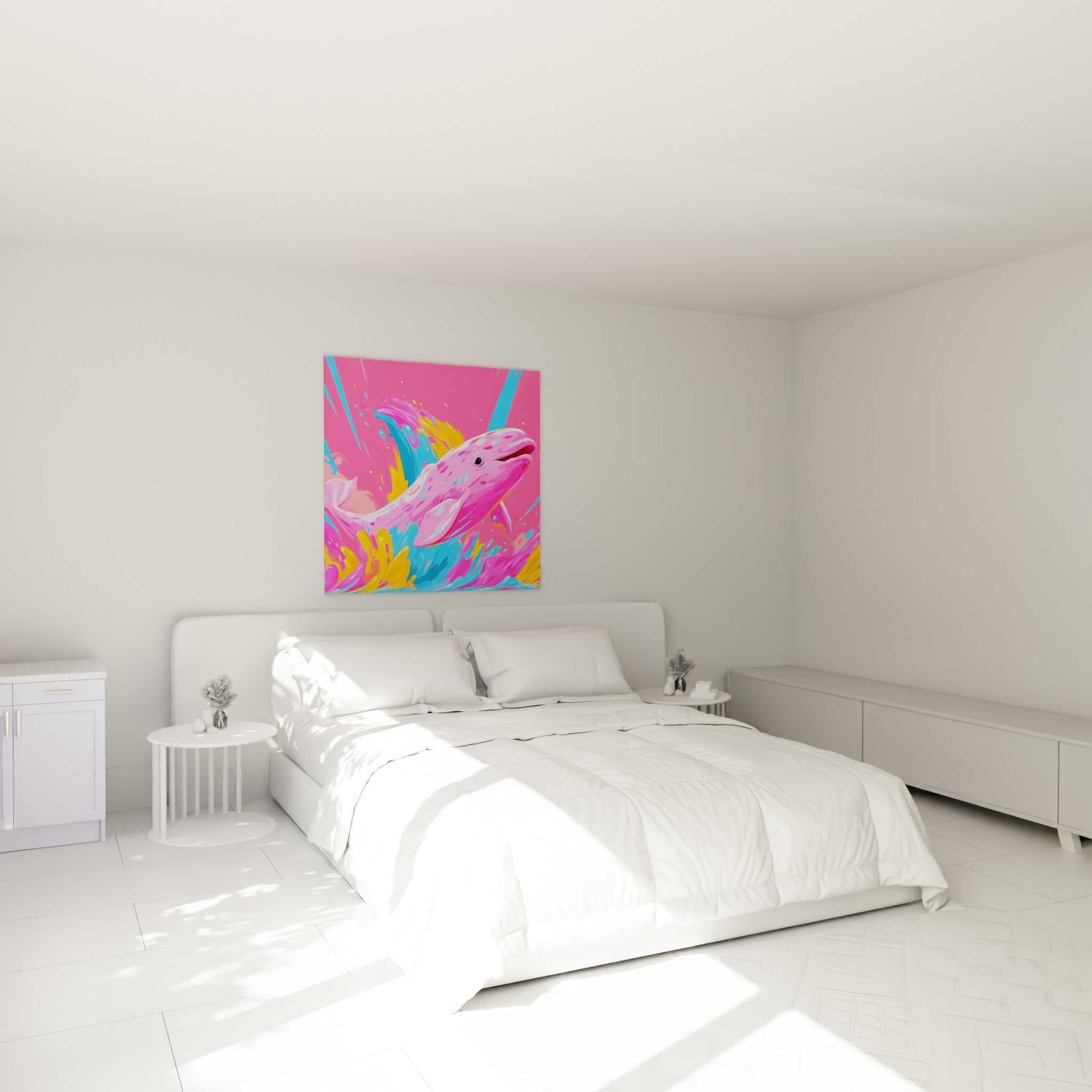 Bond du beluga rose et bleu électrique accroché au-dessus d'un lit dans une chambre claire