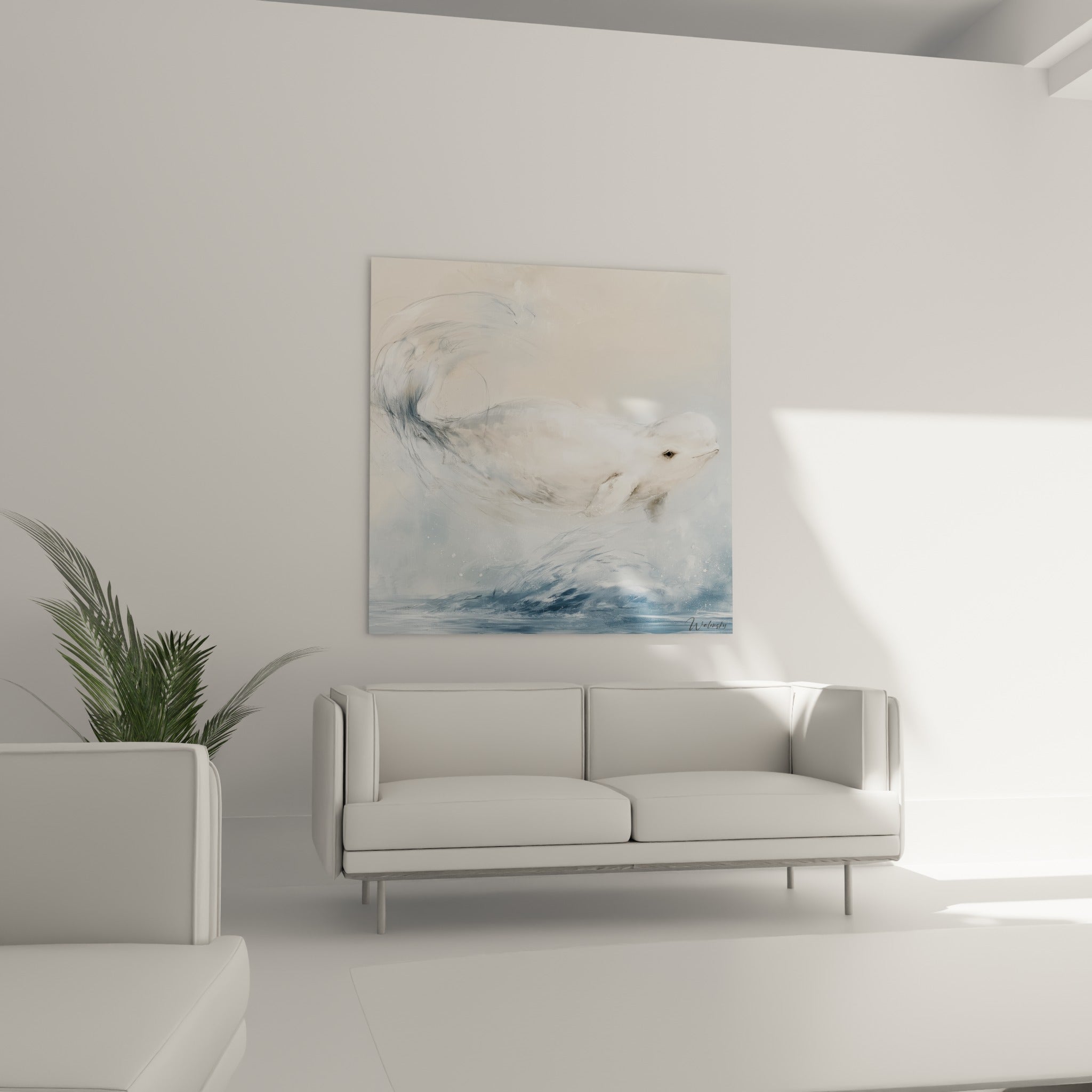 Silhouette du beluga blanc émergeant d'une brume bleu ardoise, au-dessus d'un canapé dans un salon lumineux