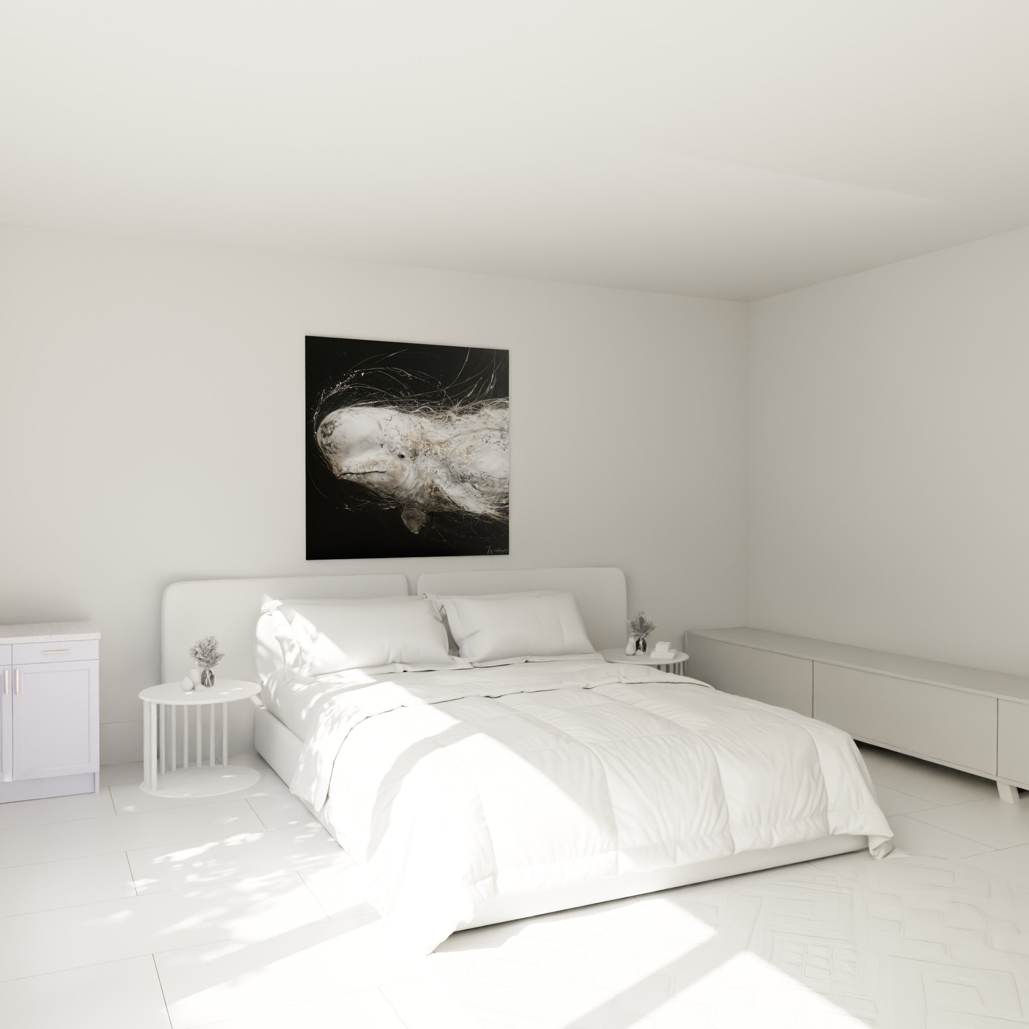 Cétacé blanc aux traits filés dorés accroché au-dessus d'un lit dans une chambre claire