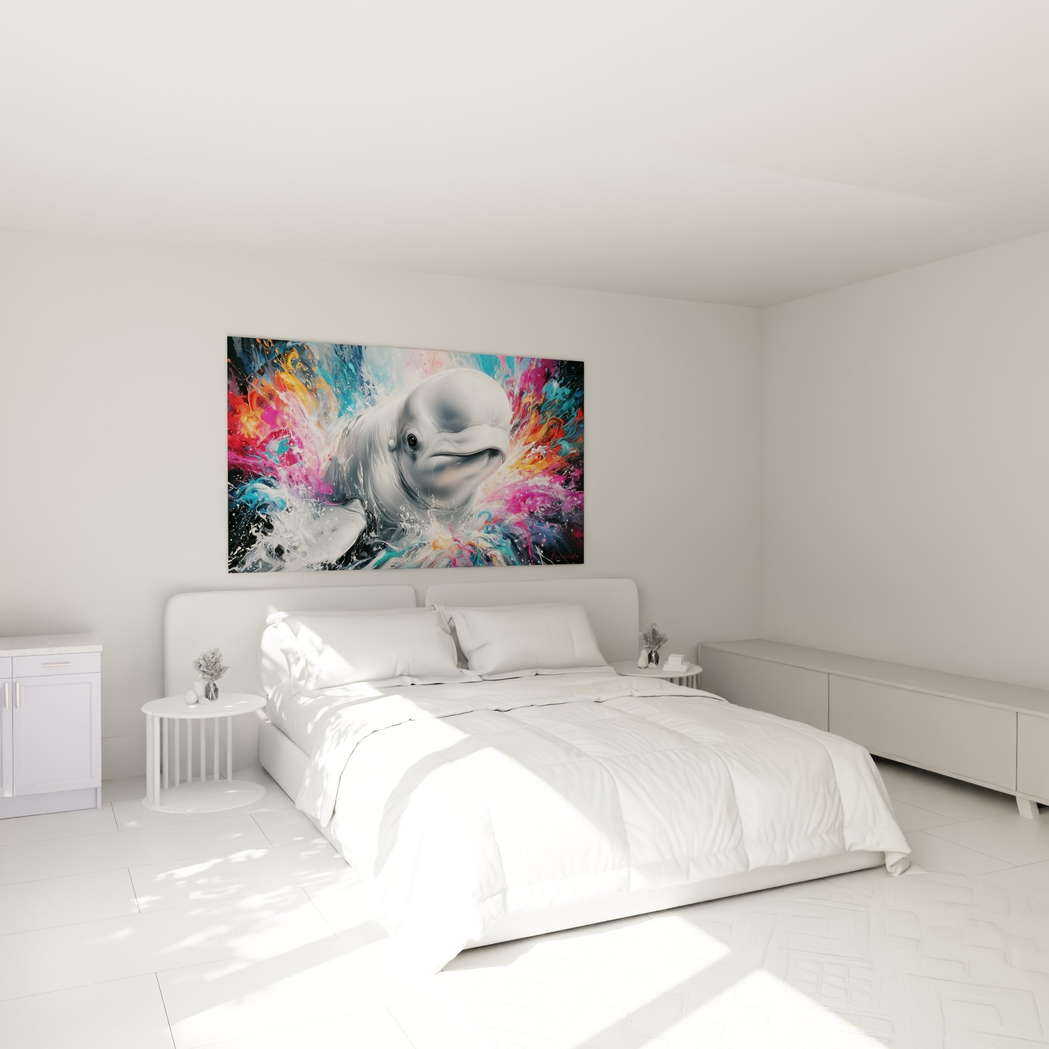 Cétacé blanc entouré de couleurs vives rose et turquoise, accroché au-dessus d'un lit dans une chambre claire