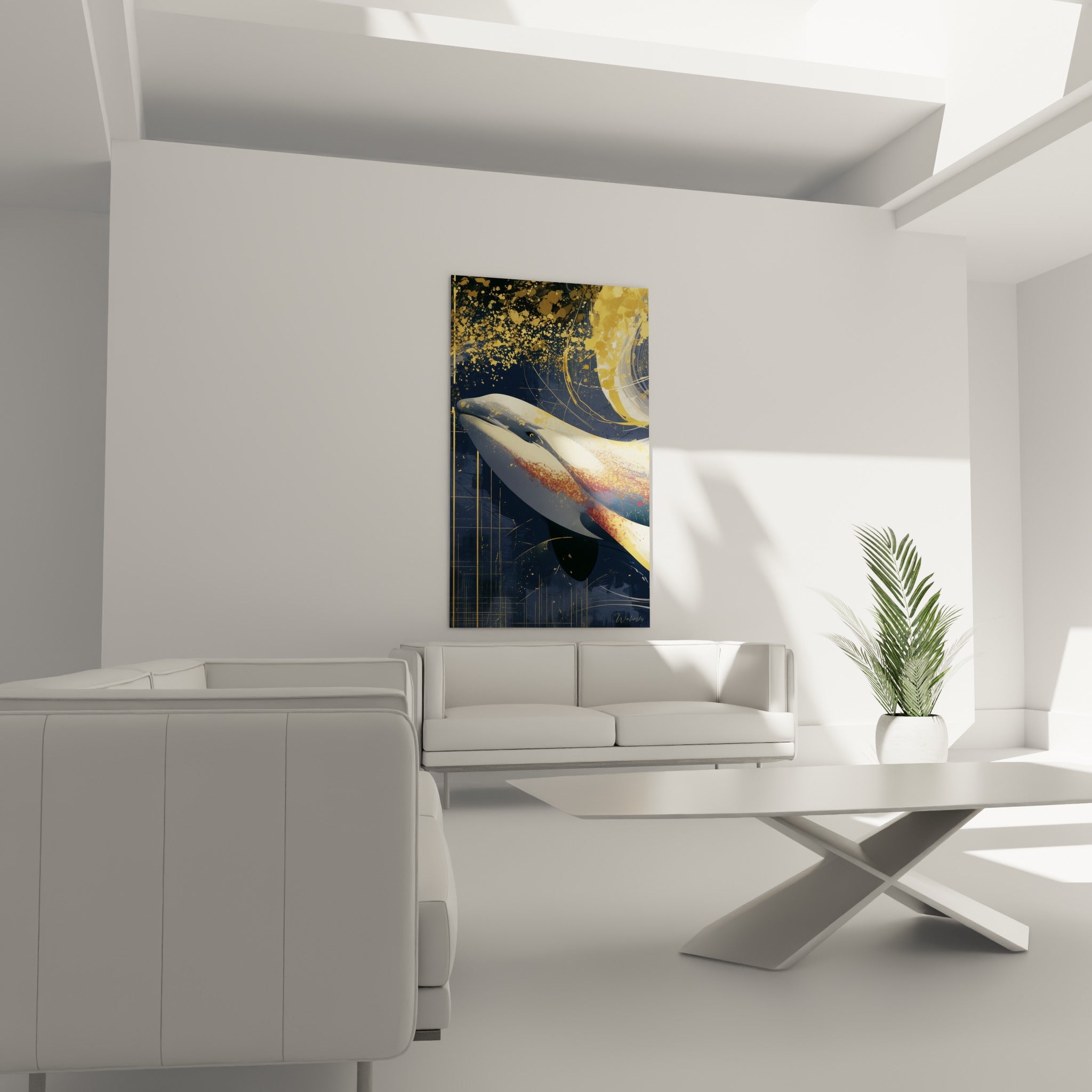 Silhouette du beluga bleu nuit et or au-dessus d'un canapé dans un salon lumineux