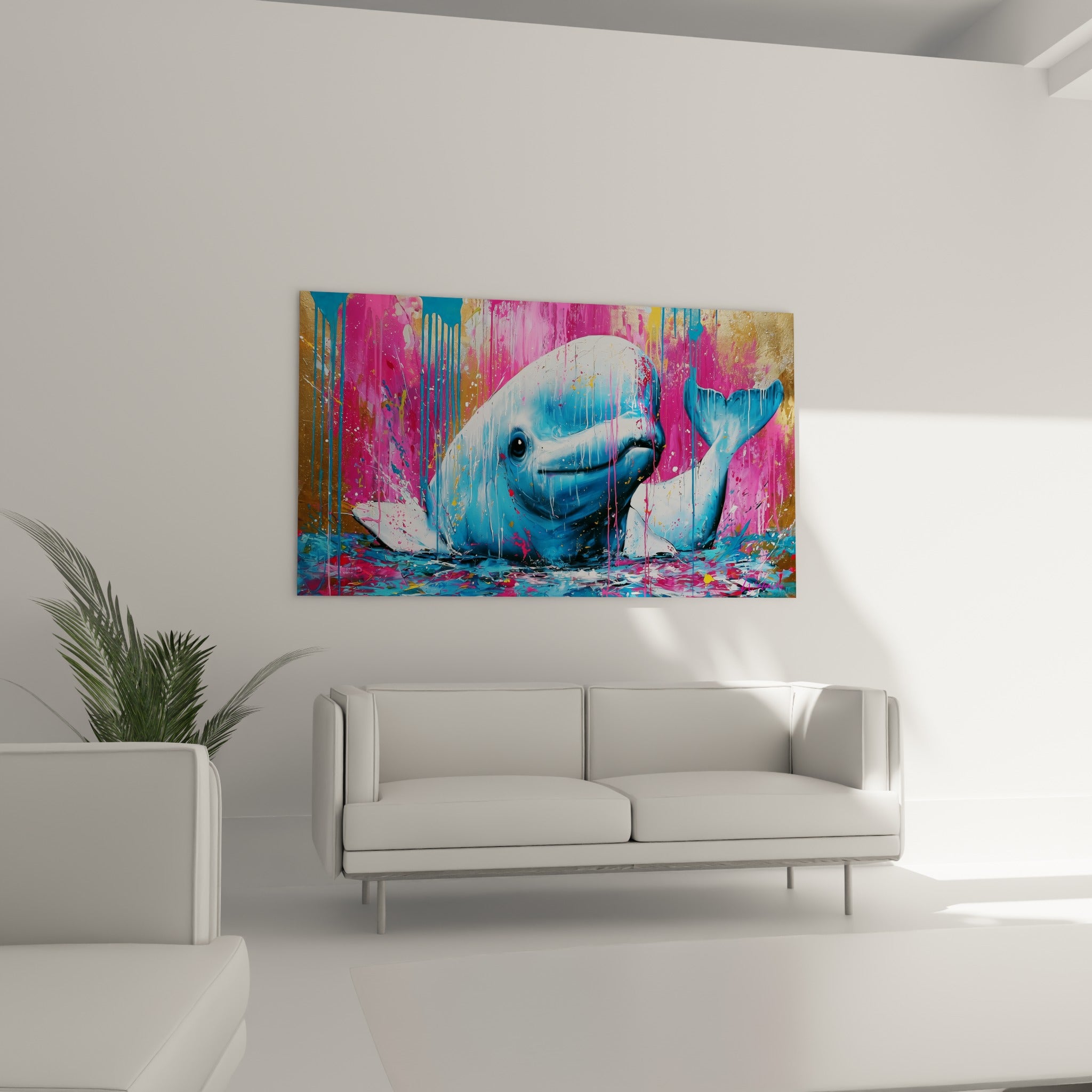 Beluga doré et fuchsia au regard doux, positionné au-dessus d'un canapé dans un salon lumineux