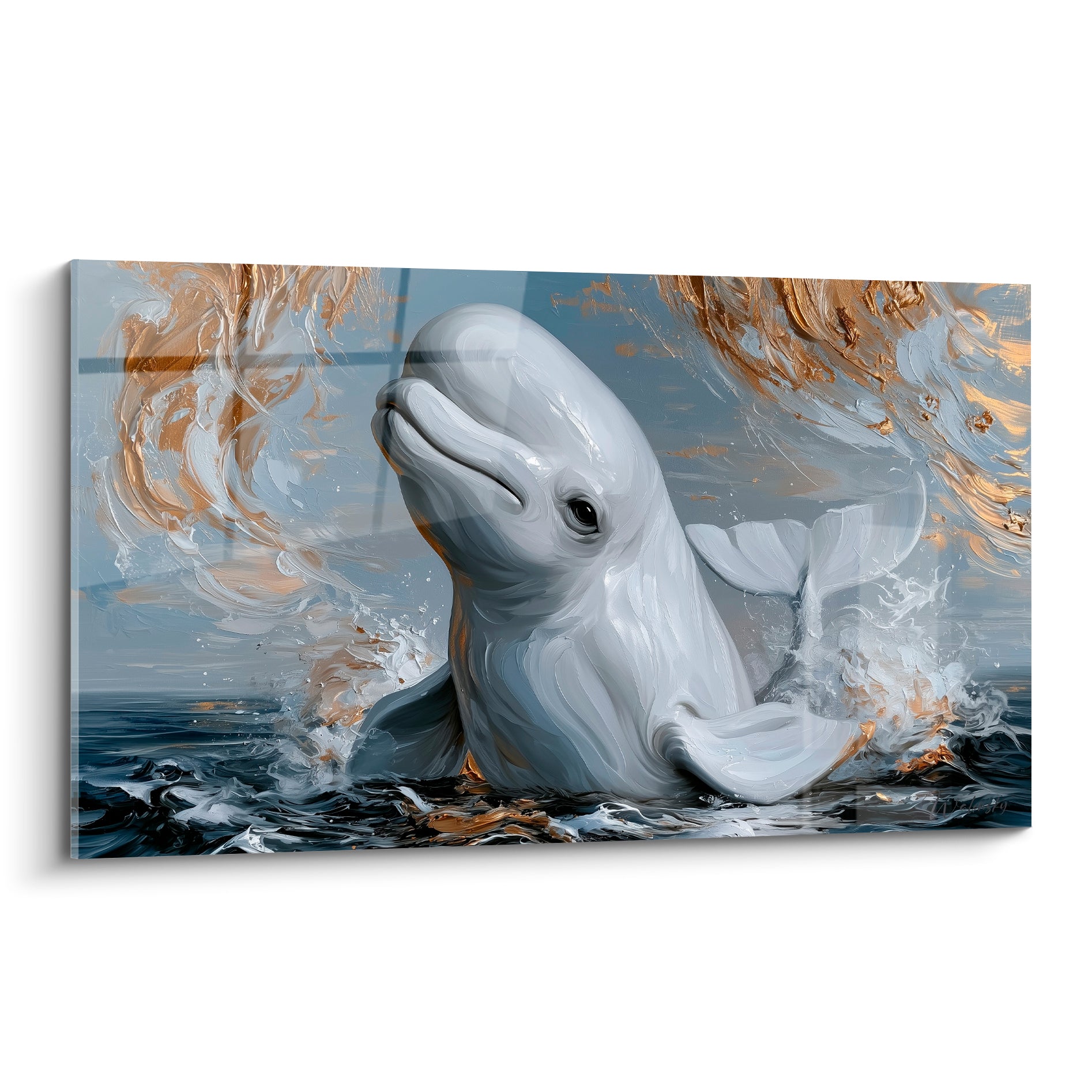 Beluga blanc jaillissant des flots, entouré de remous dorés et bleu marine intenses