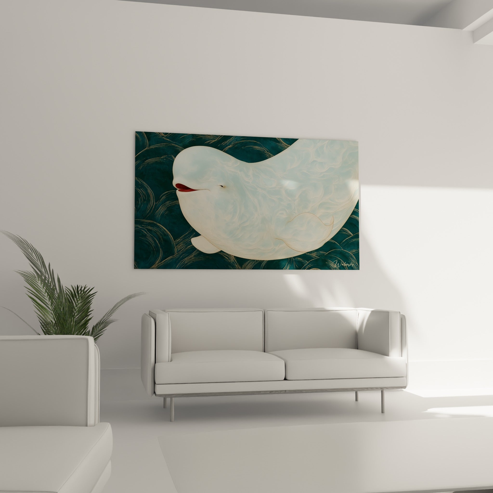 Baleine blanche entourée de vagues dorées et anthracite, au-dessus d'un canapé dans un salon lumineux
