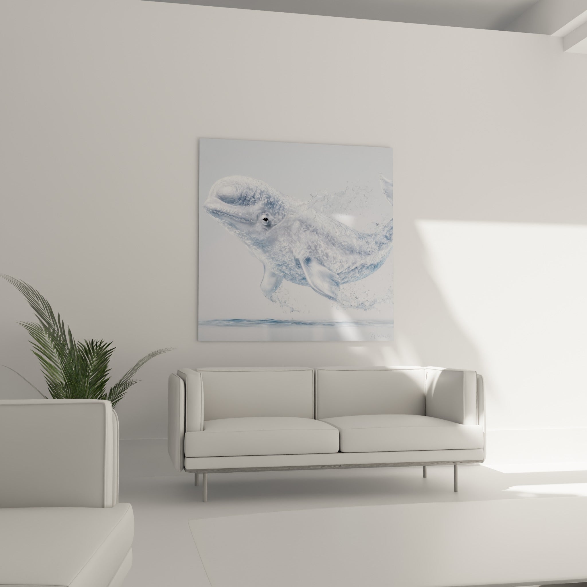 Mammifère aquatique translucide bleu pastel et blanc au-dessus d'un canapé dans un salon lumineux