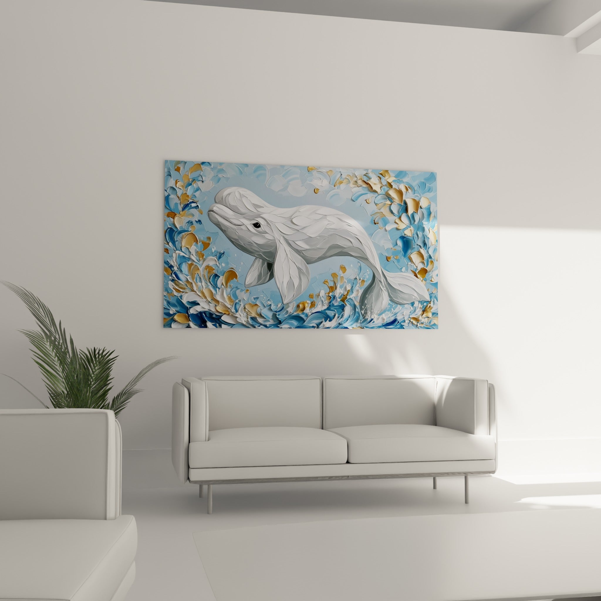 Créature marine blanche cabriolant parmi des vagues bleu poudré et or, au-dessus d'un canapé dans un salon lumineux
