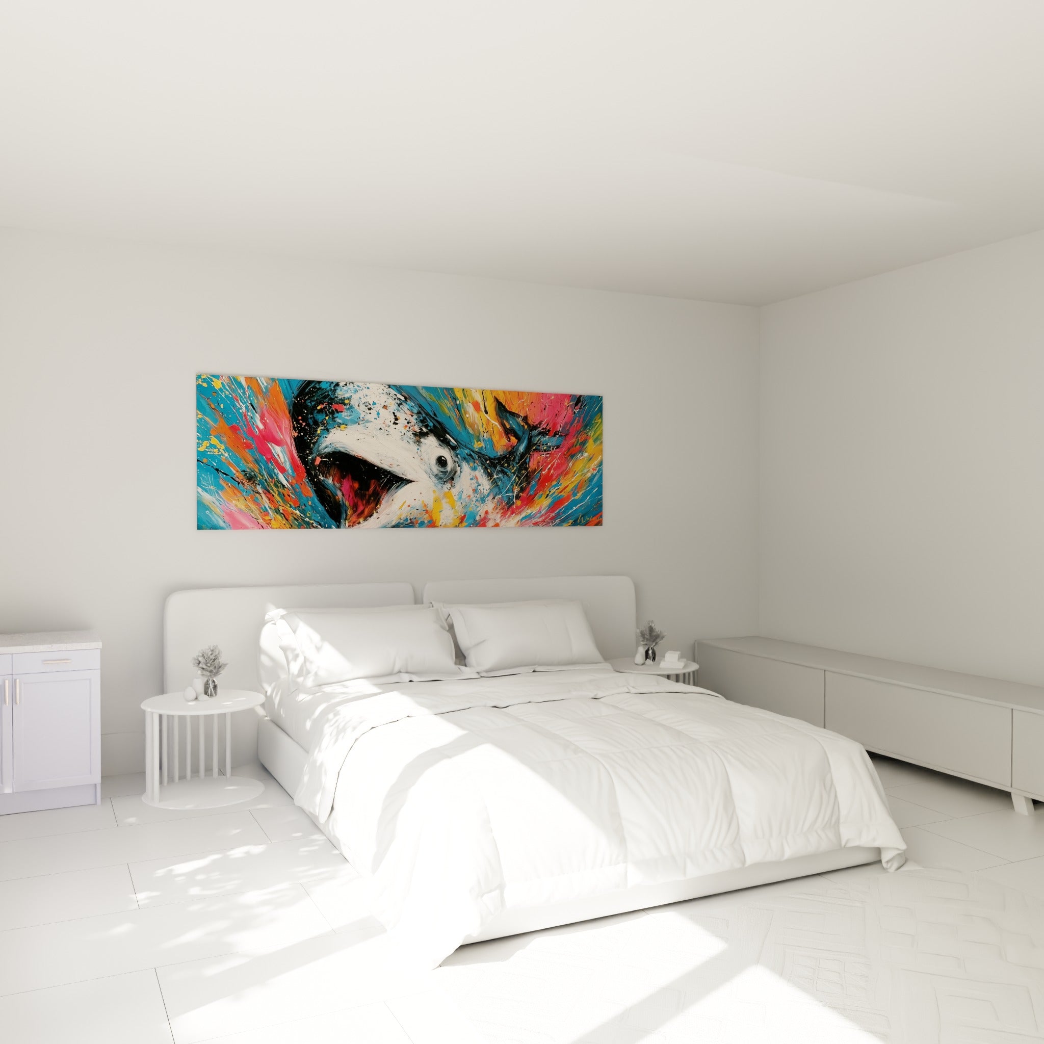 Mammifère marin blanc et turquoise en pleine explosion picturale au-dessus d'un lit dans une chambre claire