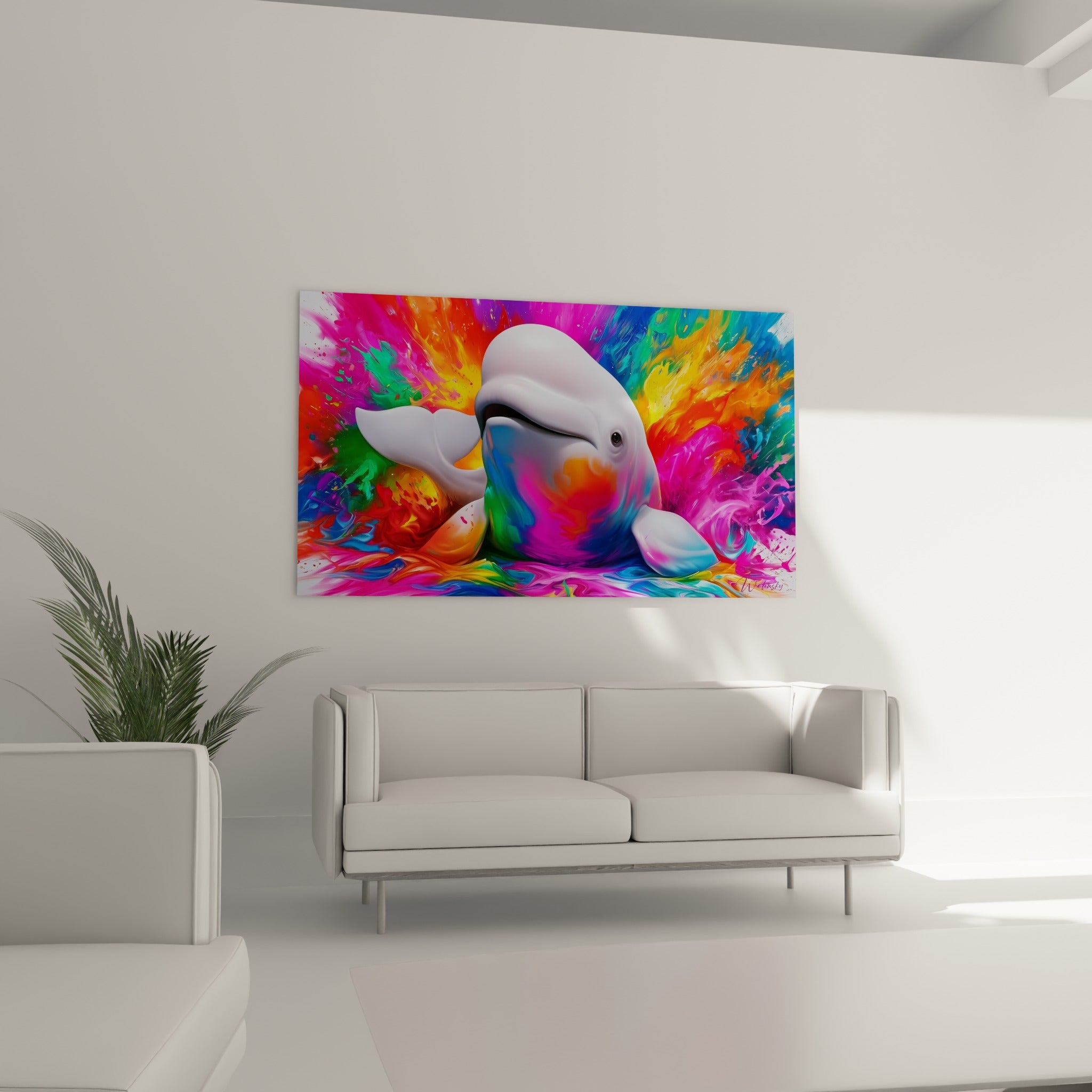 Baleine blanche émergeant d'éclaboussures multicolores vertes et violettes, au-dessus d'un canapé dans un salon lumineux