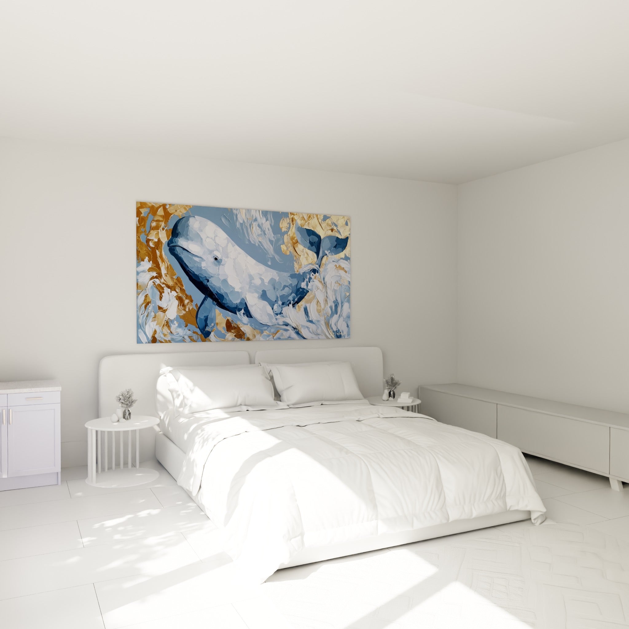 Cétacé aux reflets dorés et bleu marine, textures épaisses, au-dessus d'un lit dans une chambre claire