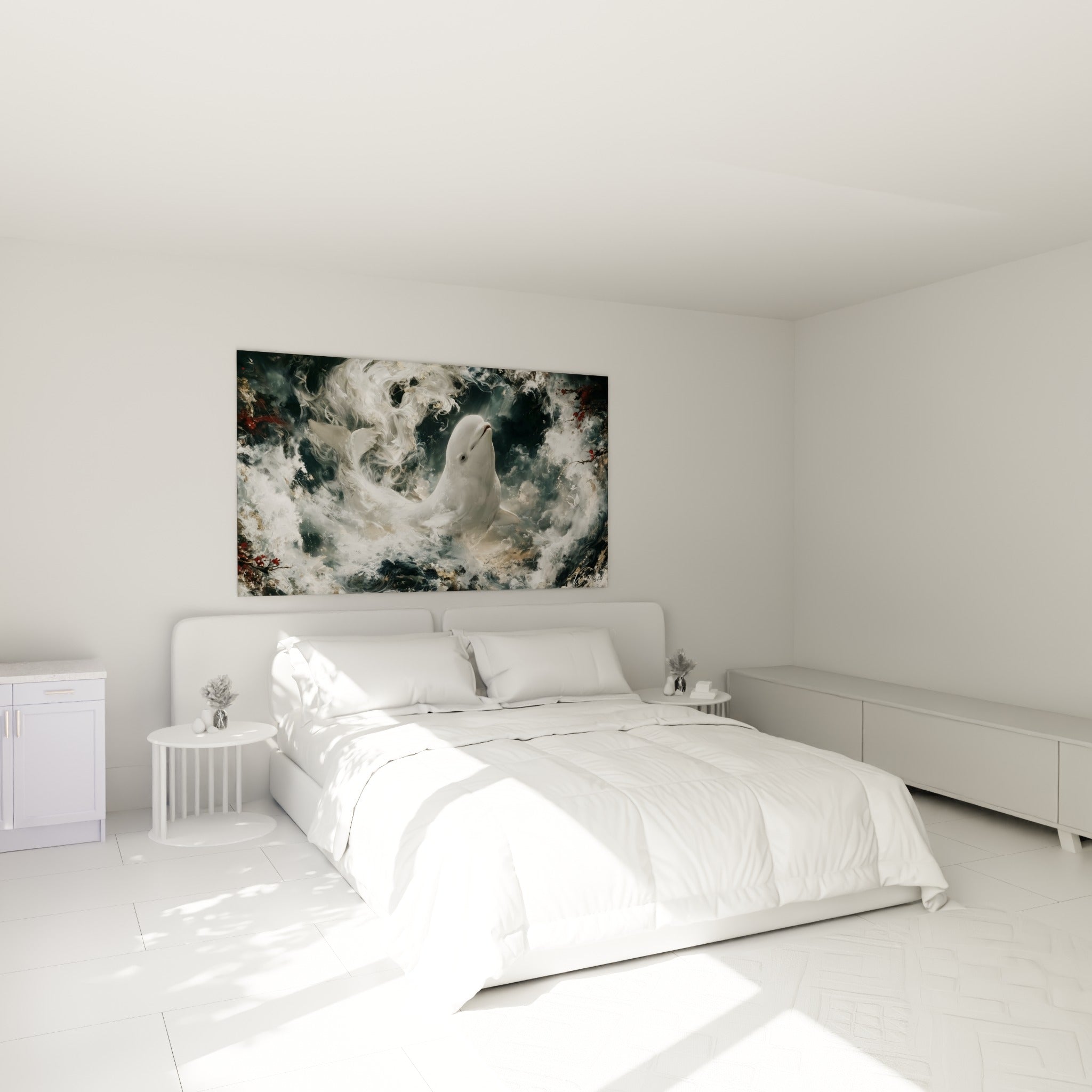 Créature marine blanche aux remous anthracite accrochée au-dessus d'un lit dans une chambre claire
