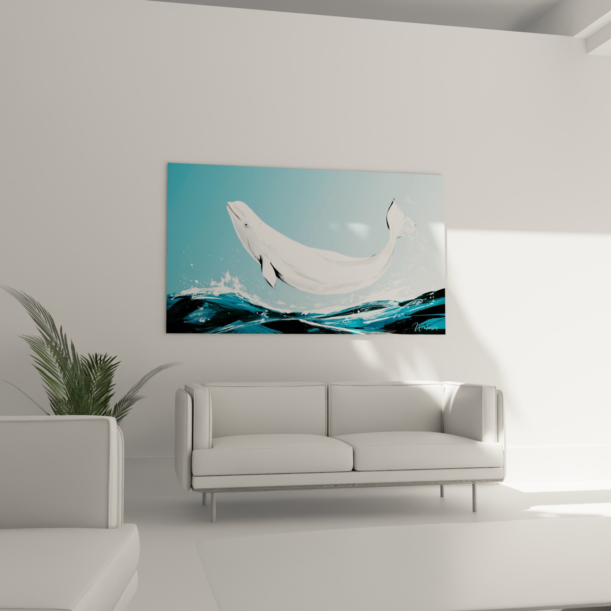 Créature marine blanche bondissant parmi l'écume anthracite, disposée au-dessus d'un canapé dans un salon lumineux