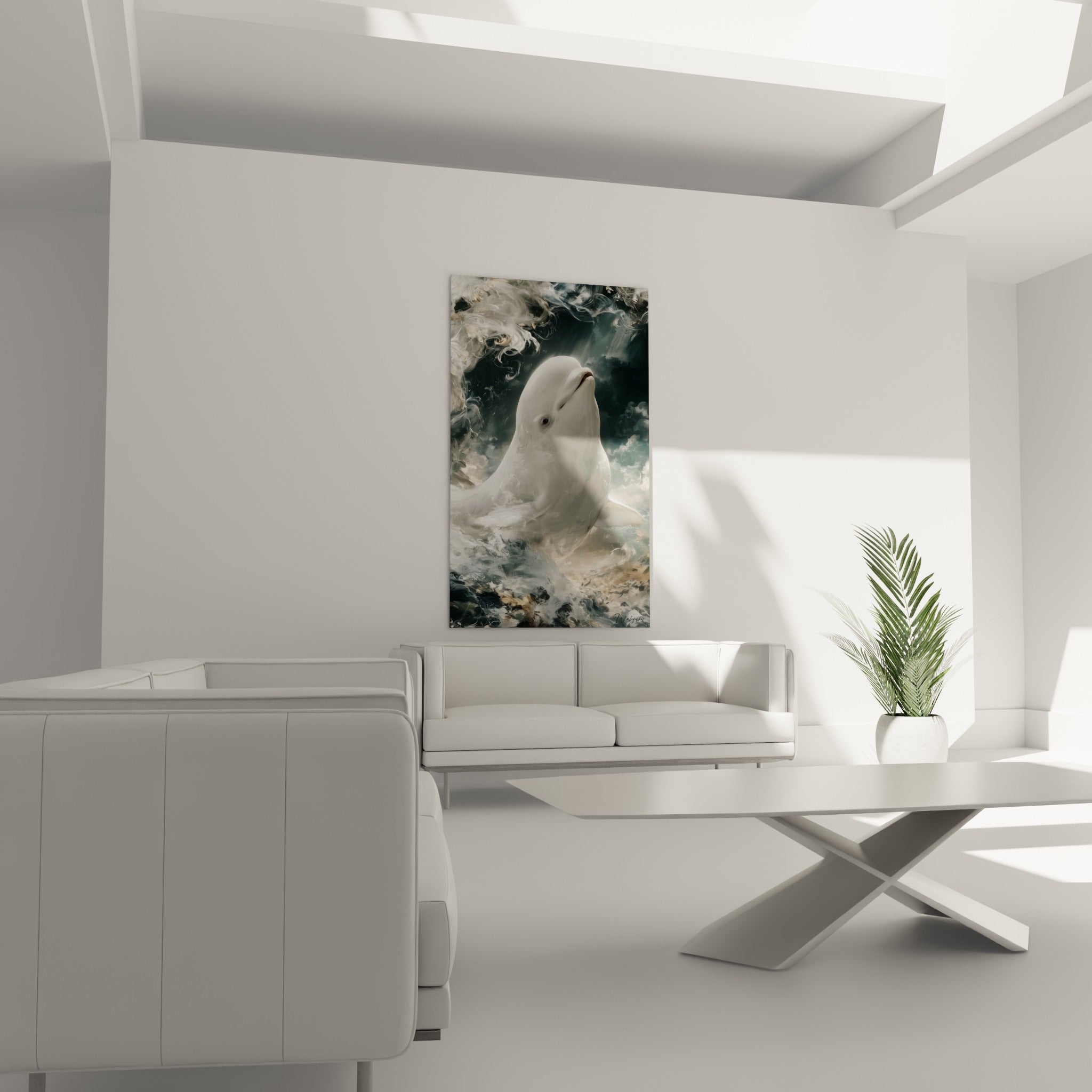 Silhouette blanche du beluga entourée de volutes anthracite, au-dessus d'un canapé dans un salon lumineux