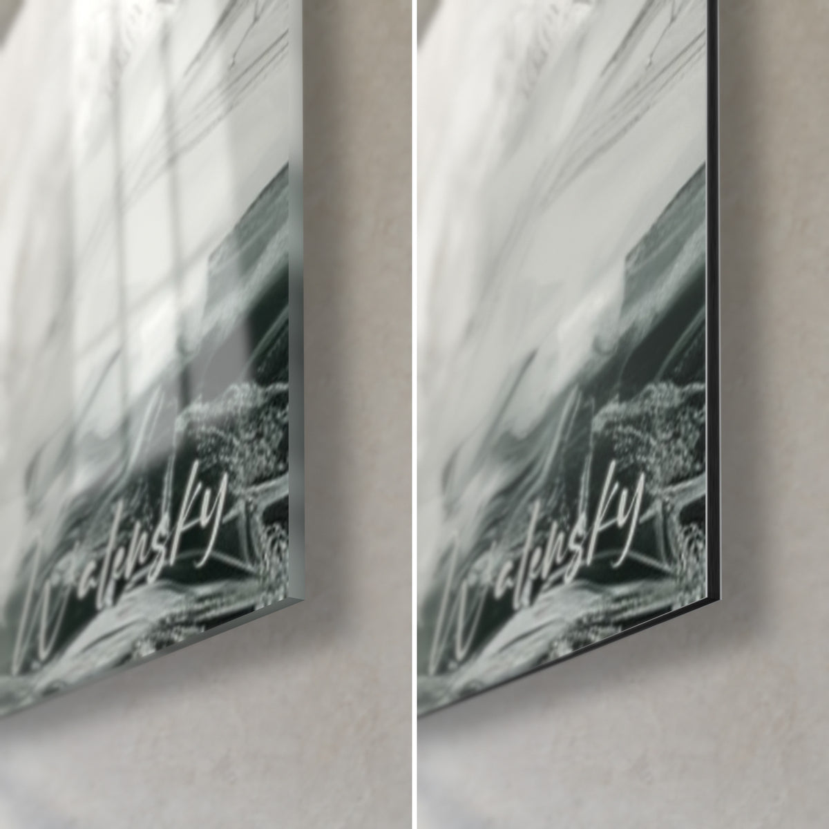 Schilderij beluga met antracietgrijze en gebroken witte druipsporen, rechtsonder, reflecties van het glas en mat Dibond, 3 mm dik