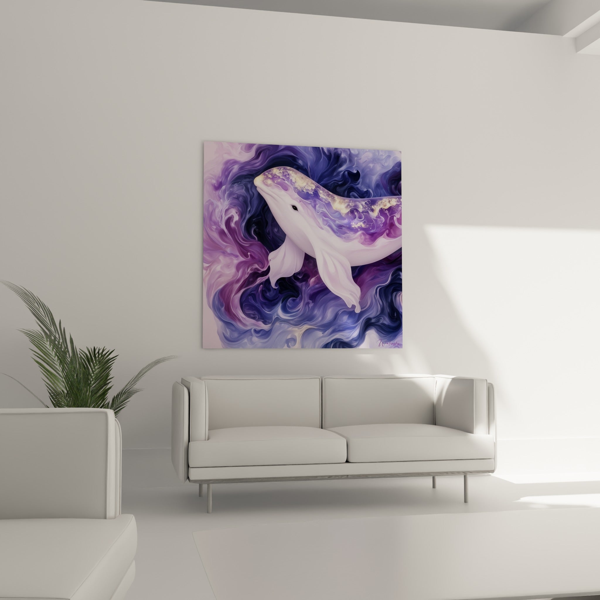 Créature marine immaculée entourée de volutes mauves et anthracite au-dessus d'un canapé dans un salon lumineux