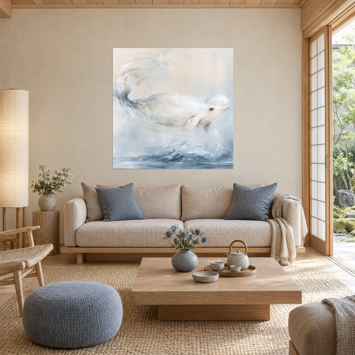 Schilderij van een springende witte beluga, parelmoerkleurig, staart in een krul, leikleurige golven, crèmekleurige achtergrond, boven een bank in een lichte woonkamer