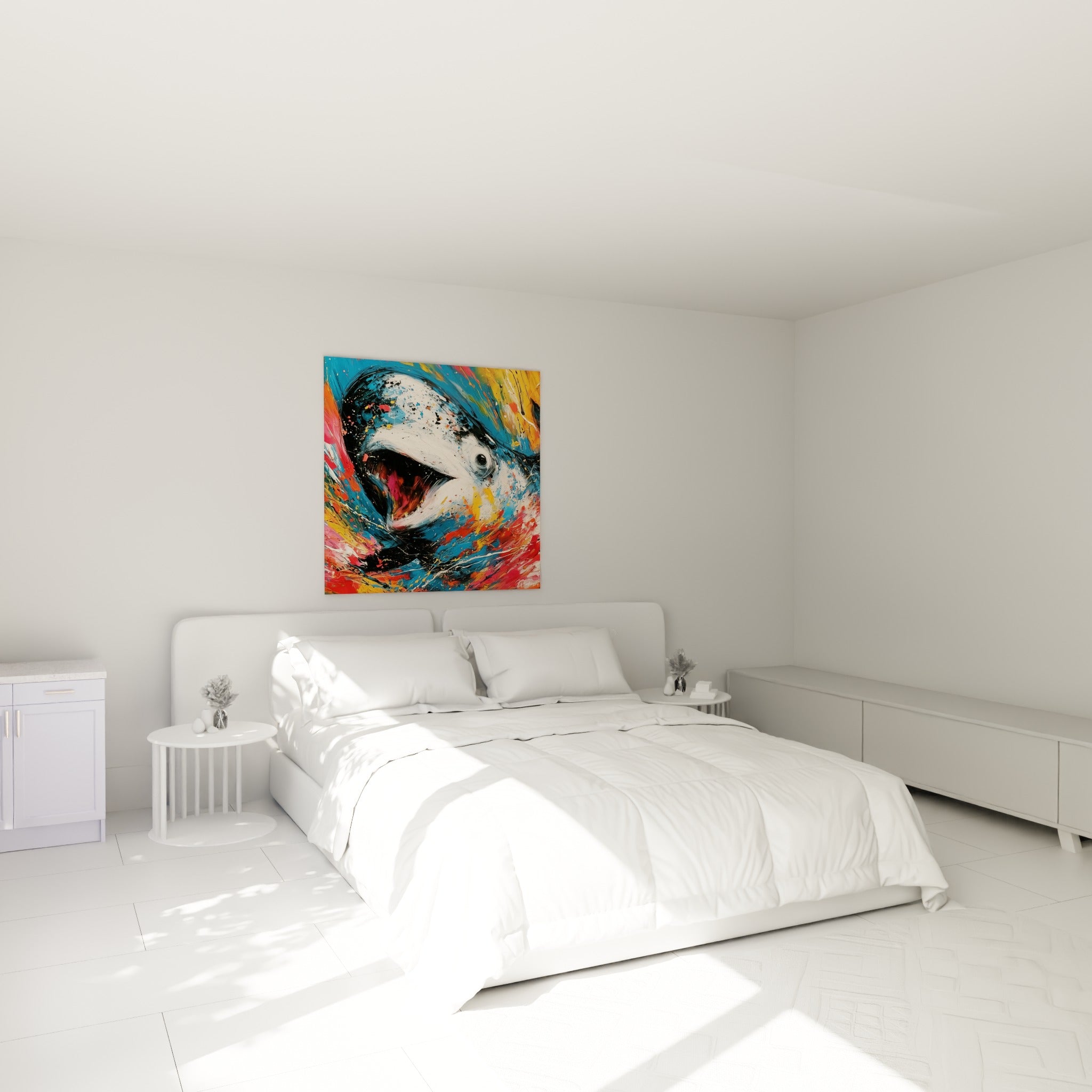Cétacé blanc tourbillonnant de couleurs vives au-dessus d'un lit dans une chambre claire
