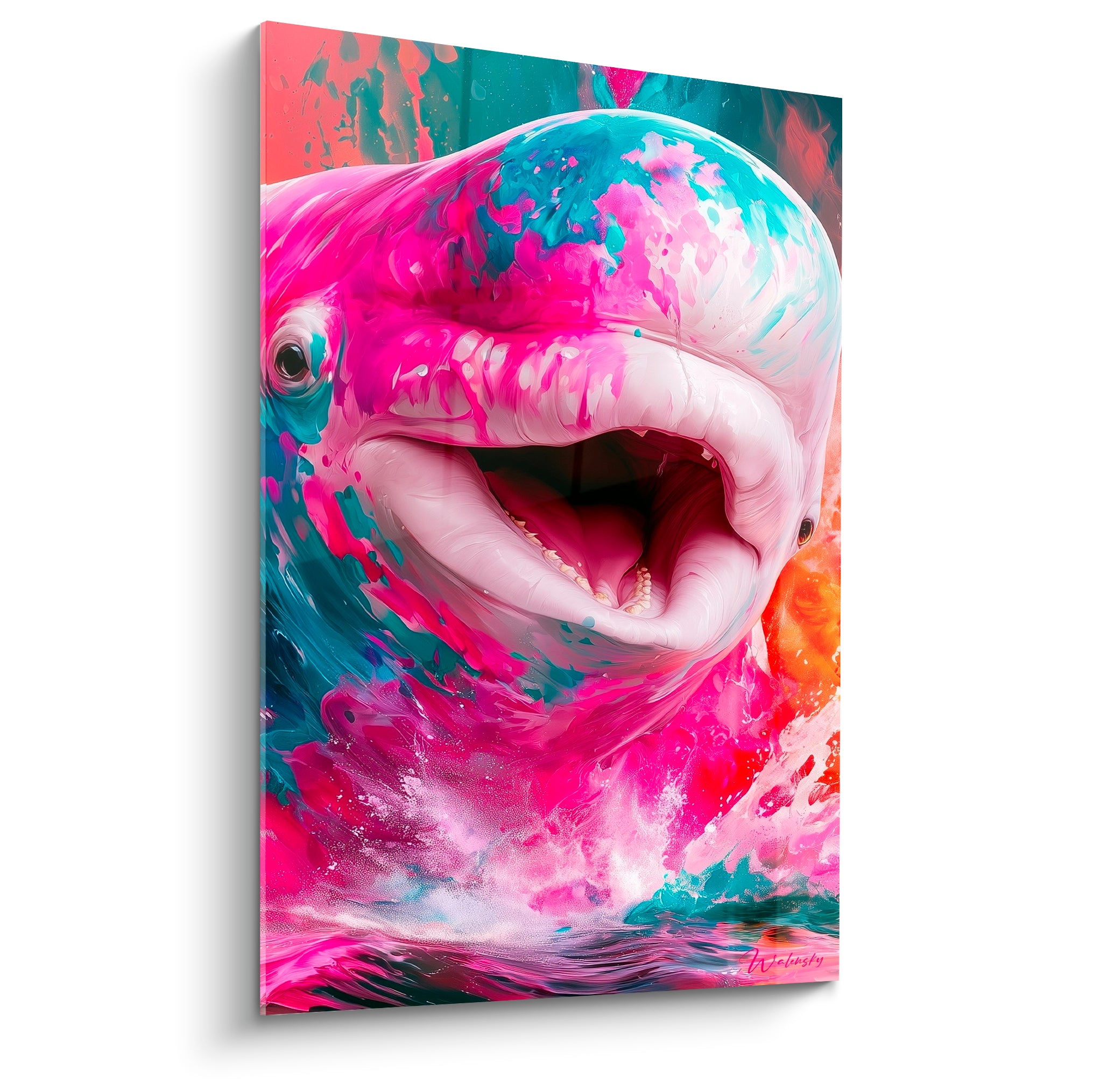 Beluga bouche ouverte aux couleurs fuchsia et turquoise éclatantes, jaillissant de l'eau en gros plan