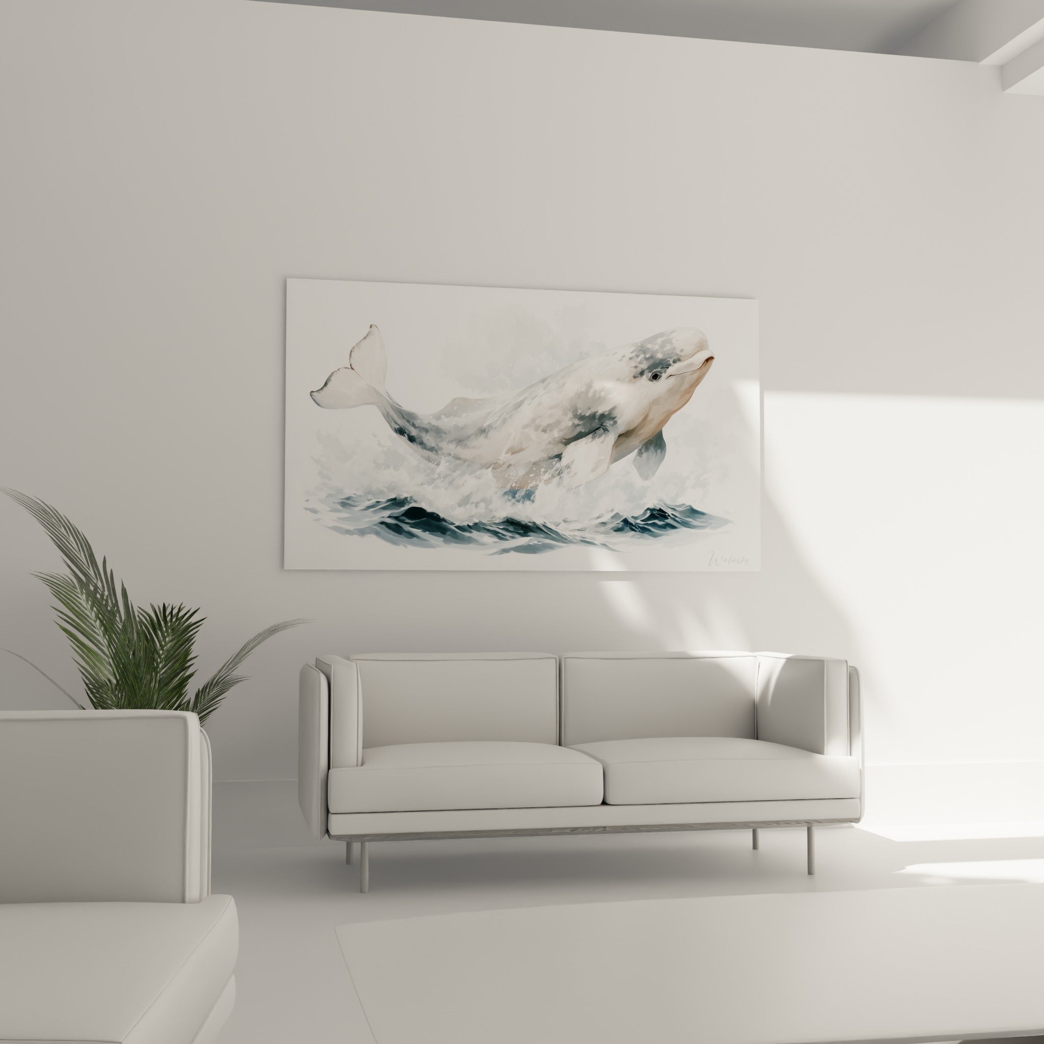 Silhouette de beluga blanc et bleu ardoise en plein saut, au-dessus d'un canapé dans un salon lumineux